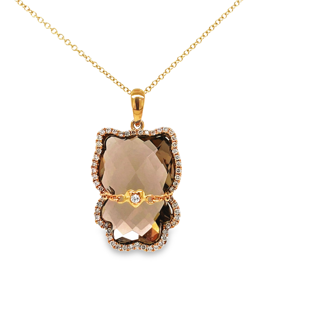 One of a kind Kitty.   23.00 mm long  18k rose gold mounting   Cut out round diamonds 0.26 cts  Small round diamond in center of belly  Faceted smoky topaz  16" long solid chain ($195 optional)  Secure bail 