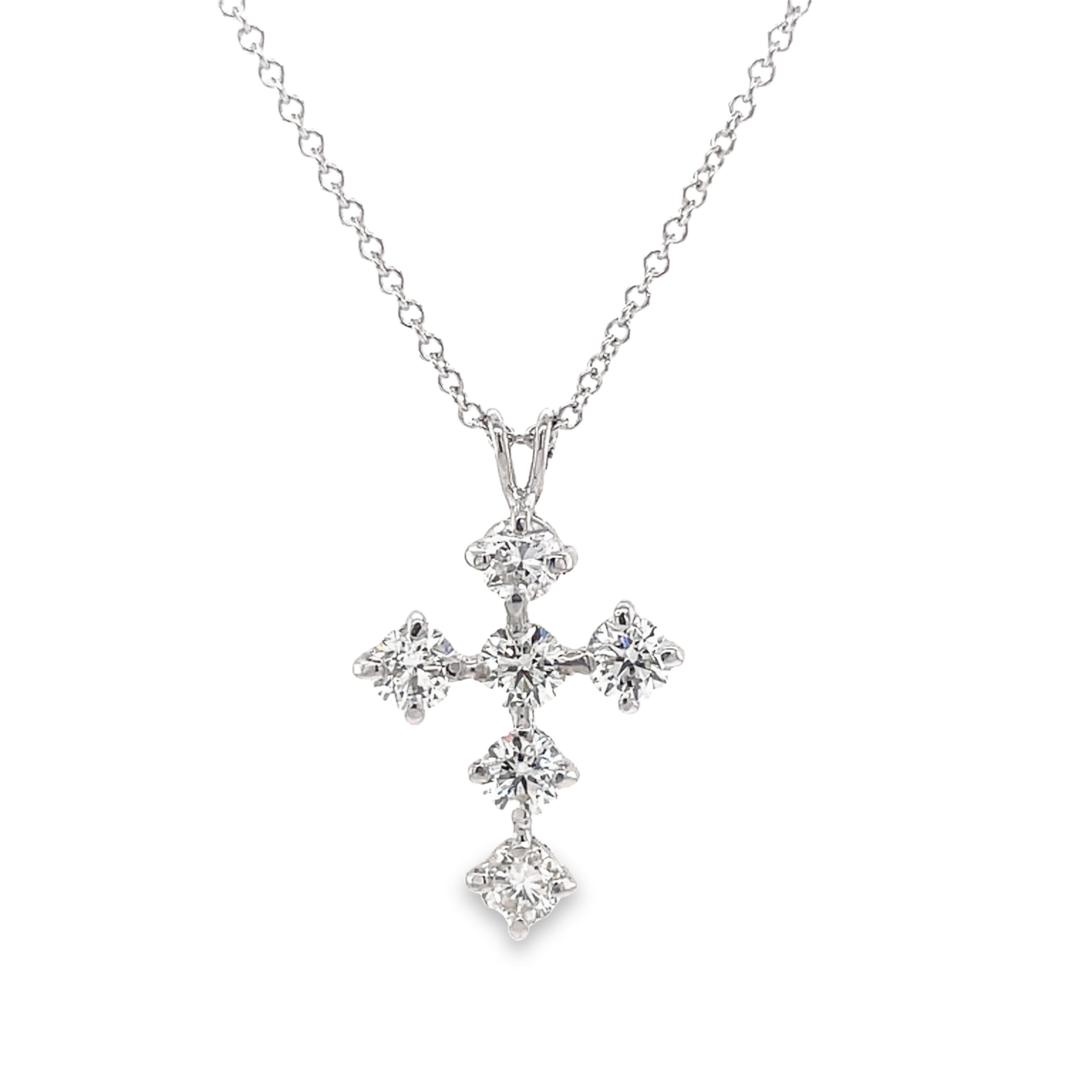 This stunning Classic Share Prong Diamond Cross Pendant Necklace is a timeless piece. Crafted from 18k white gold, it features a diamond cross with 1.00 cts of color E/F and VS1 clarity, for a beautiful sparkle. Perfect for any special occasion.  Chain is optional (18" long $325.00).