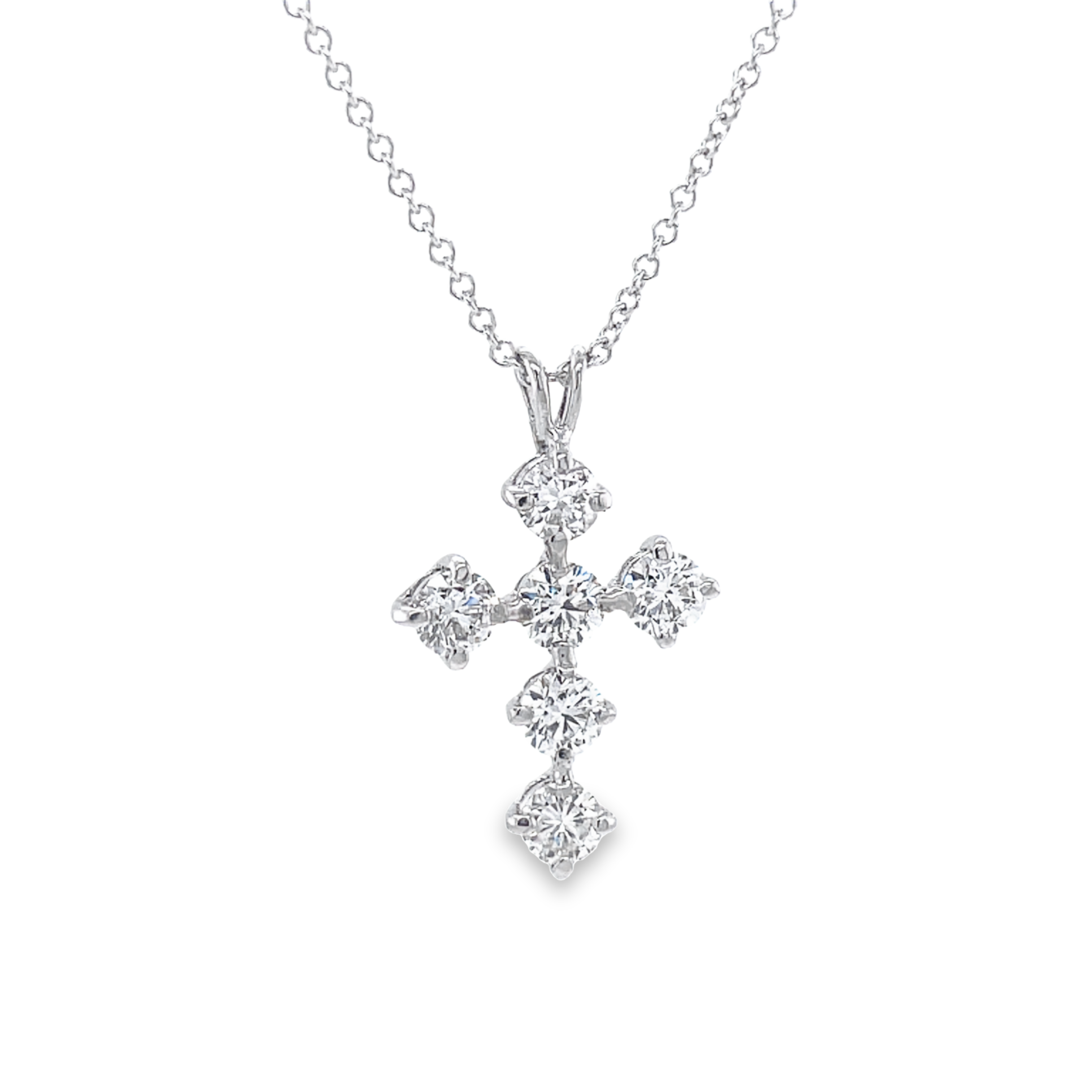 This stunning Classic Share Prong Diamond Cross Pendant Necklace is a timeless piece. Crafted from 18k white gold, it features a diamond cross with 1.00 cts of color E/F and VS1 clarity, for a beautiful sparkle. Perfect for any special occasion.  Chain is optional (18" long $325.00).