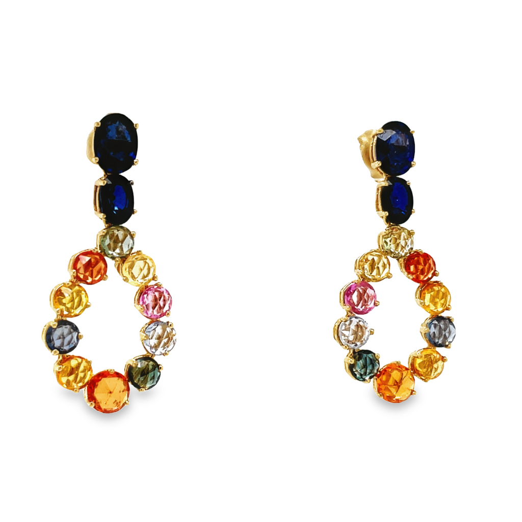 Pear shape sapphire drop earrings  Set in 14k yellow gold  4.50 mm sapphire gems  1.5" long x 3/4"  Blue, yellow, orange pink & light blue sapphires 