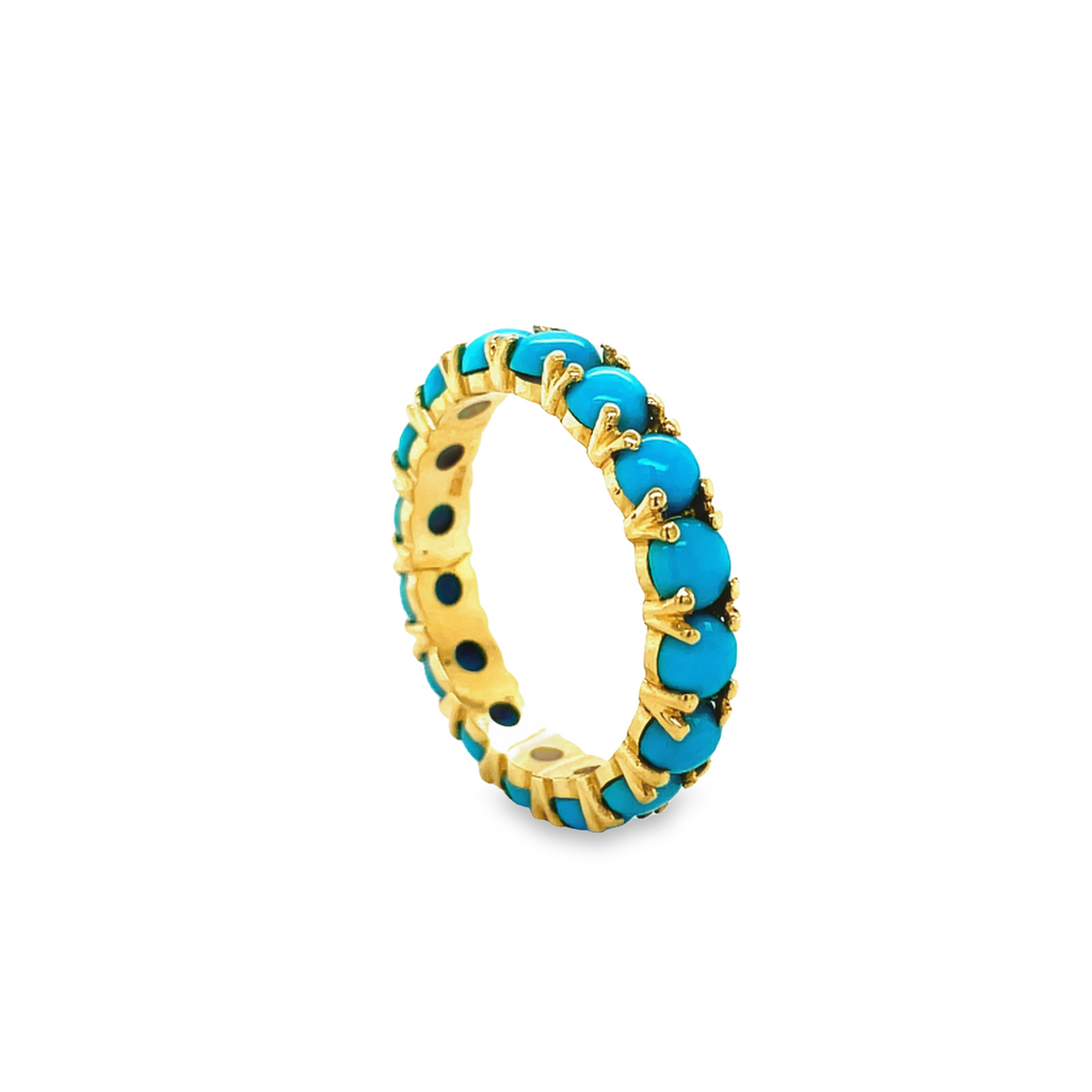 This timeless piece is crafted with genuine turquoise beads set in a 14k yellow gold band and is 4.00 mm. Its stackable feature adds versatility and elegance to your look. Size 8.