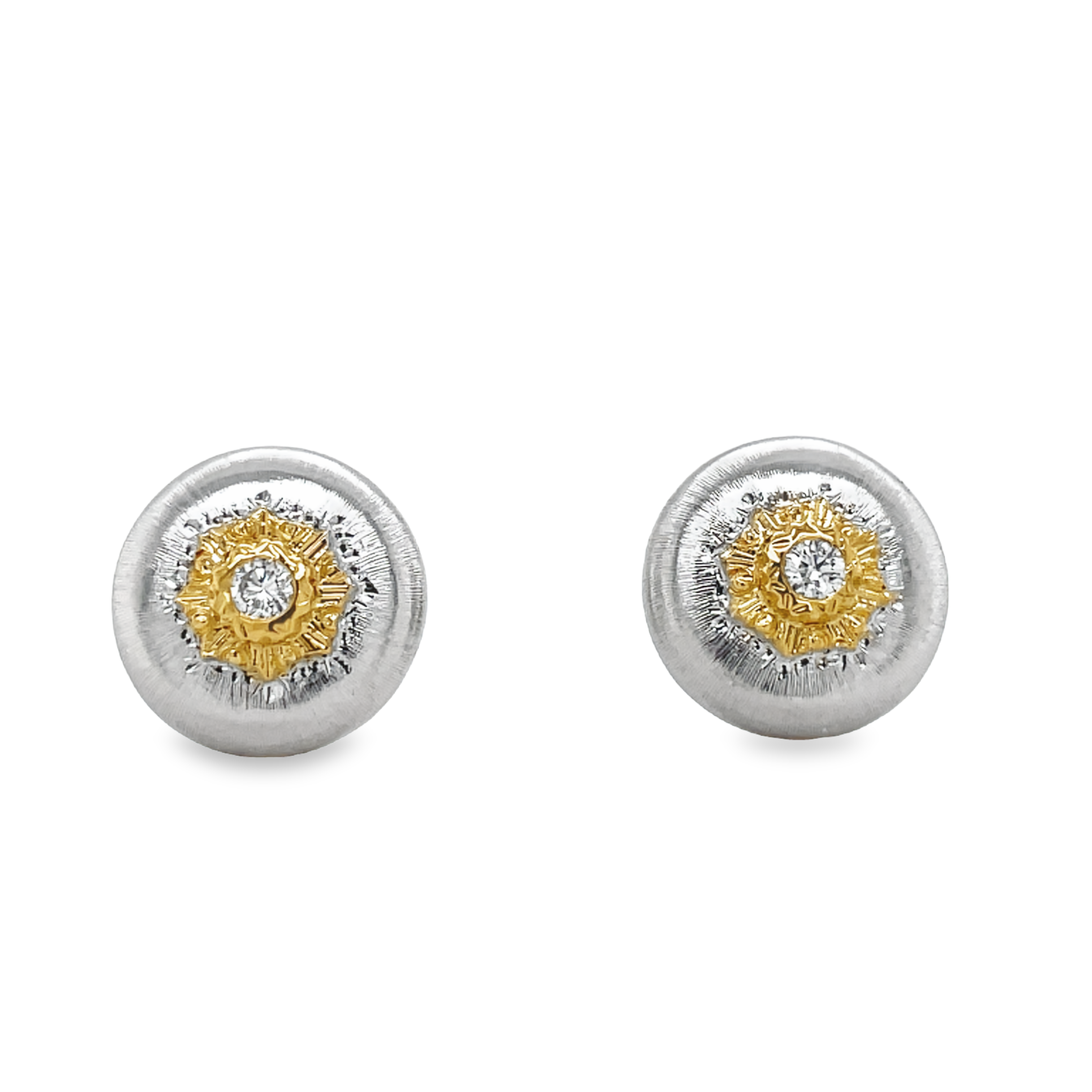 18k white & yellow gold.  Italian made.  Engraved  12.00 mm wide.  One round diamond 0.10 cts   Brushed finished.  Secure friction backs 