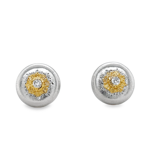 Modern Brushed & Engraved 18k Two Tone Gold Italian Stud Earrings Front view 