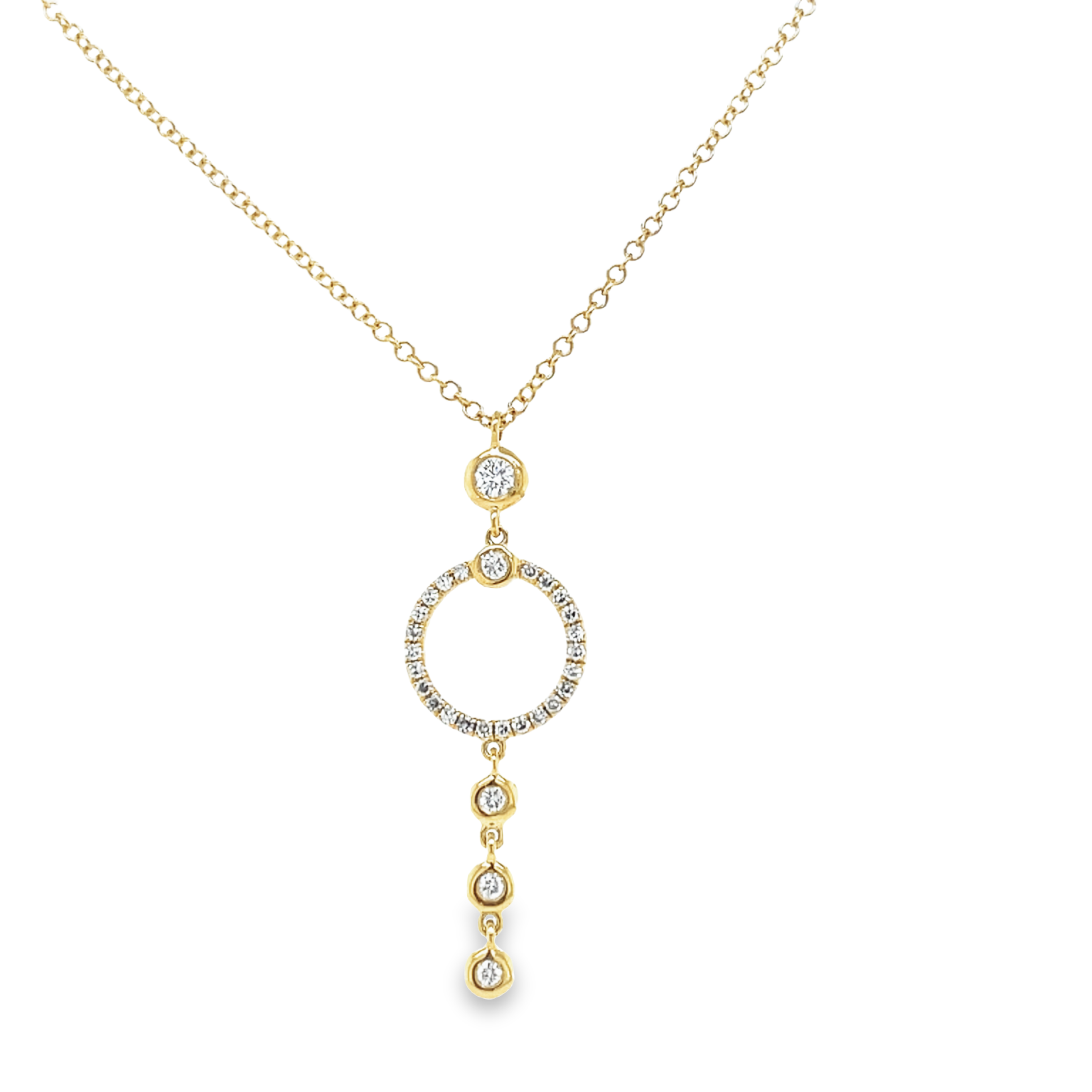 Adorn yourself with a dainty yet dazzling diamond necklace! 0.17 cts of round diamonds set in luxurious 14k yellow gold, connected by a secure lobster clasp and 1.5" long diamond circle, this stunning piece hangs 18" long with two sizable loops.