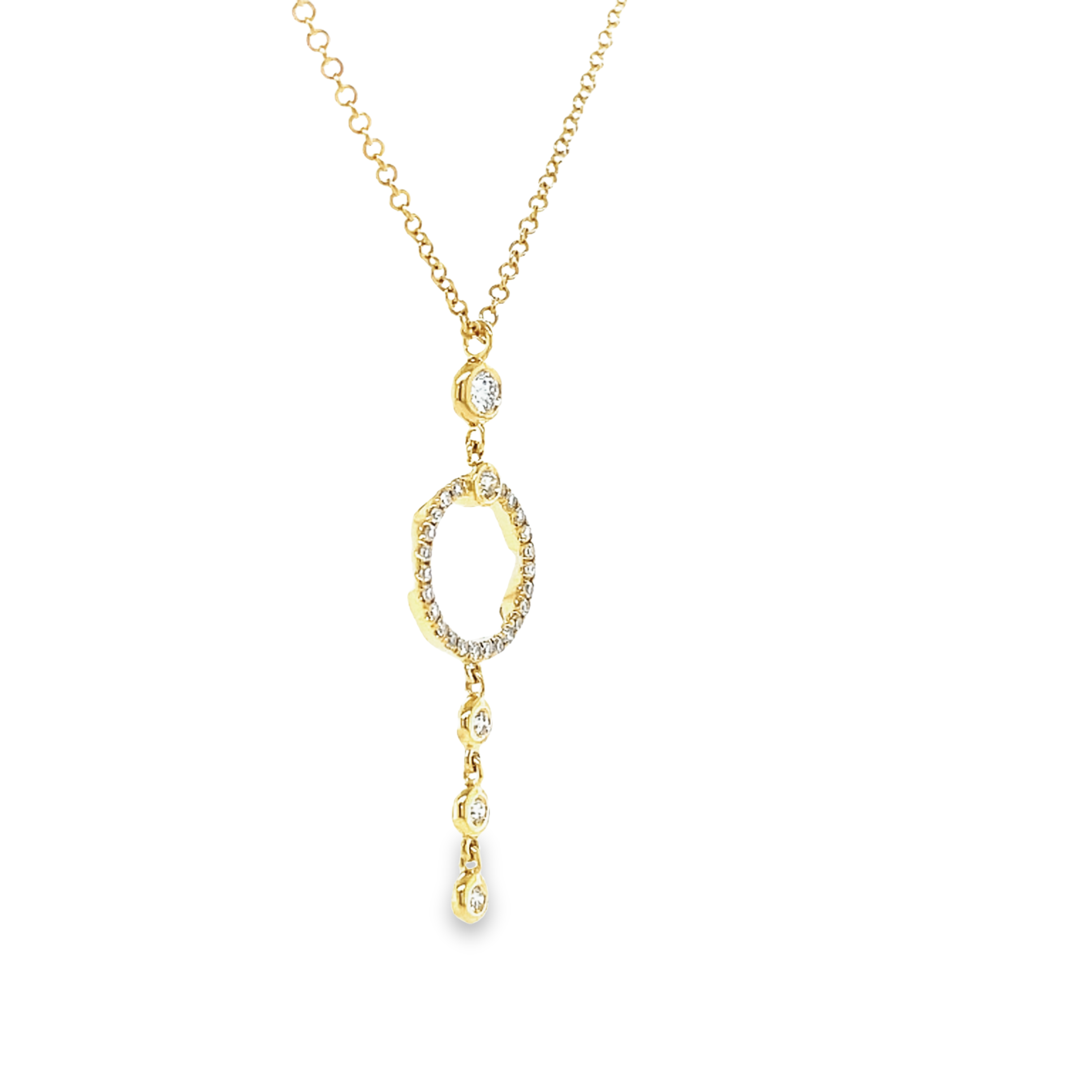 Adorn yourself with a dainty yet dazzling diamond necklace! 0.17 cts of round diamonds set in luxurious 14k yellow gold, connected by a secure lobster clasp and 1.5" long diamond circle, this stunning piece hangs 18" long with two sizable loops.