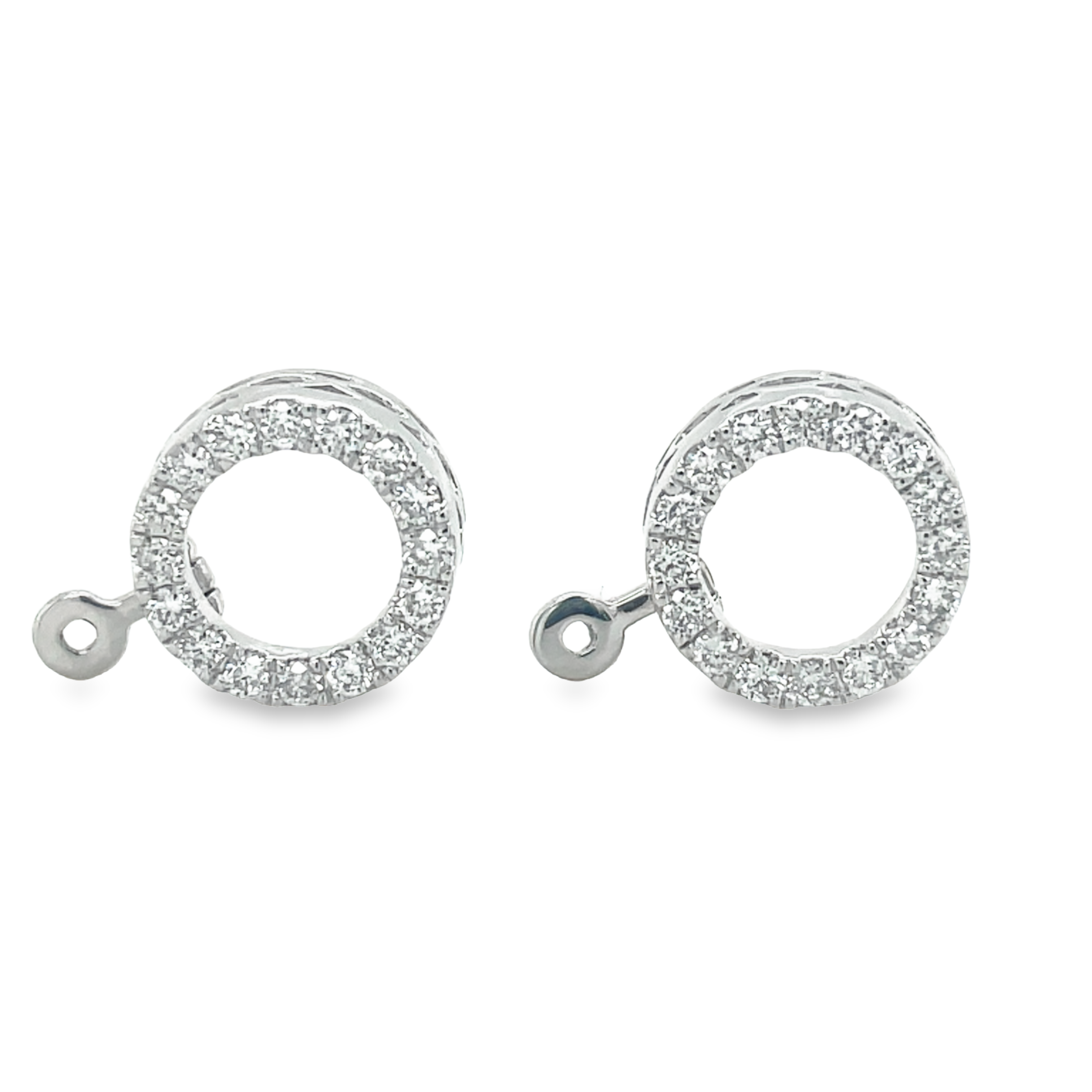 Discover maximum versatility with these round diamond-studded jackets. Crafted with 14k white gold these pieces feature only the finest quality diamonds in F/G grading and 0.90 carats of stunning round diamonds. Wear as a stud earring, or fold down the extender for a unique look. Diamond stud not included.