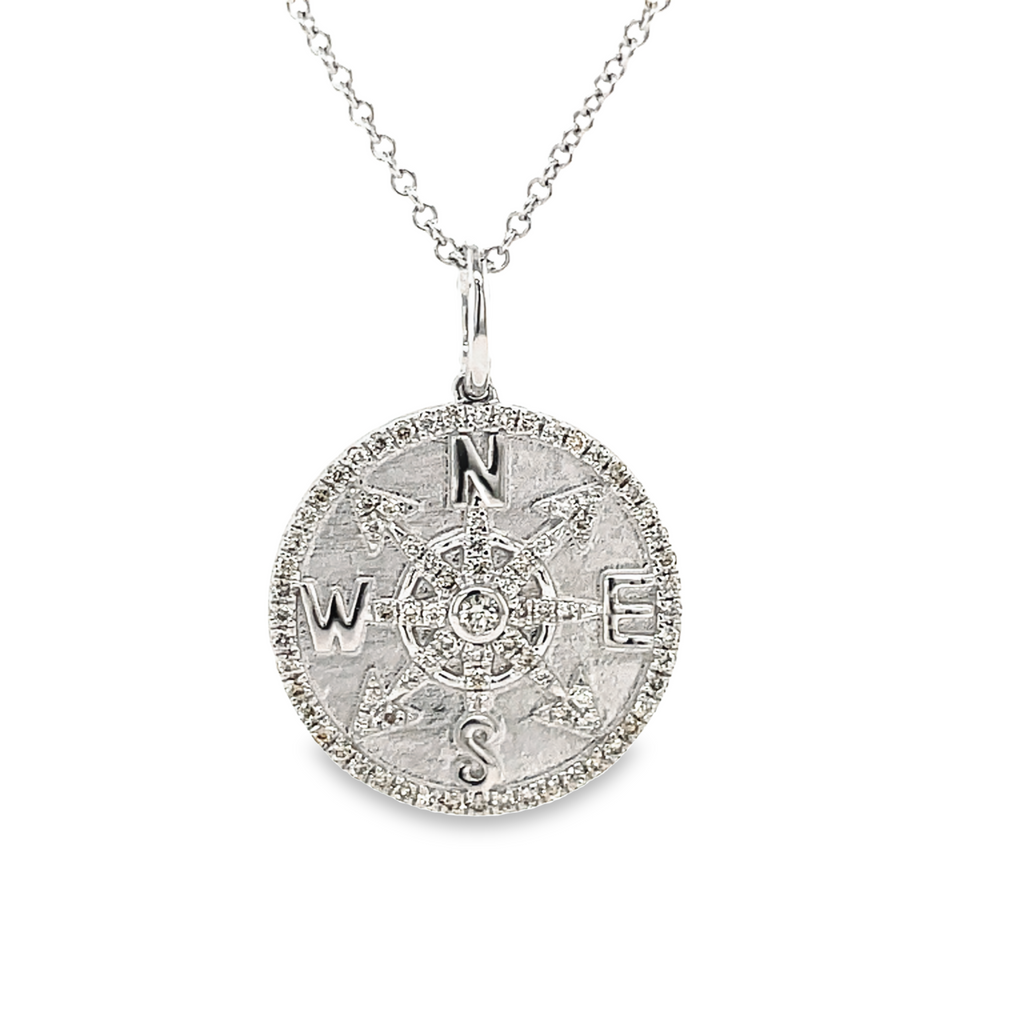 Beautiful compass pendant.  14k white gold.  Secure bail  Round diamonds 0.28 cts   23.00 mm length (including bail)  18" 1.3 mm gold chain available (optional, not included in price) $299.00