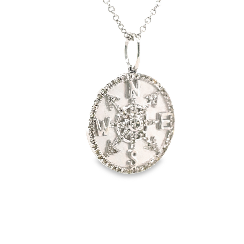Beautiful compass pendant.  14k white gold.  Secure bail  Round diamonds 0.28 cts   23.00 mm length (including bail)  18" 1.3 mm gold chain available (optional, not included in price) $299.00