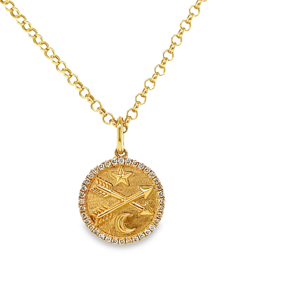 Beautiful & symbolic medallion pendant.  Crossed arrows means friendship and love "Happy that our paths crossed"  14k yellow gold.  Secure bail  Round diamonds 0.11 cts   18.00 mm length (including bail)  20" 1.5 mm gold chain available (optional, not included in price) $320.00