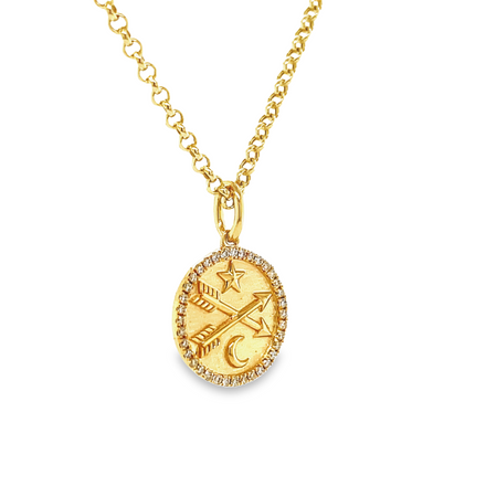 A beautiful symbol of friendship and love, this pendant is a must-have! Two arrows represent the meaning of the piece: "Happy that our paths crossed". The 14k yellow gold medallion is adorned with 0.11 cts of round diamonds for an extra sparkle. At 18.00 mm in length (including the secure bail), this piece is sure to be treasured for years to come! A 20" 1.5 mm optional gold chain is available for $320.00.