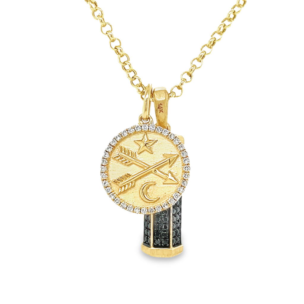 Stylish pendant.  14k yellow gold.  Secure bail  Round diamonds 0.51 cts   23.00 mm length (including bail)  20" 1.5 mm gold chain available (optional, not included in price) $320.00  You can customize your necklace by adding "Diamond Crossed Arrows, Star & Moon Yellow Gold Pendant Necklace" $525.00 Item # 435-203