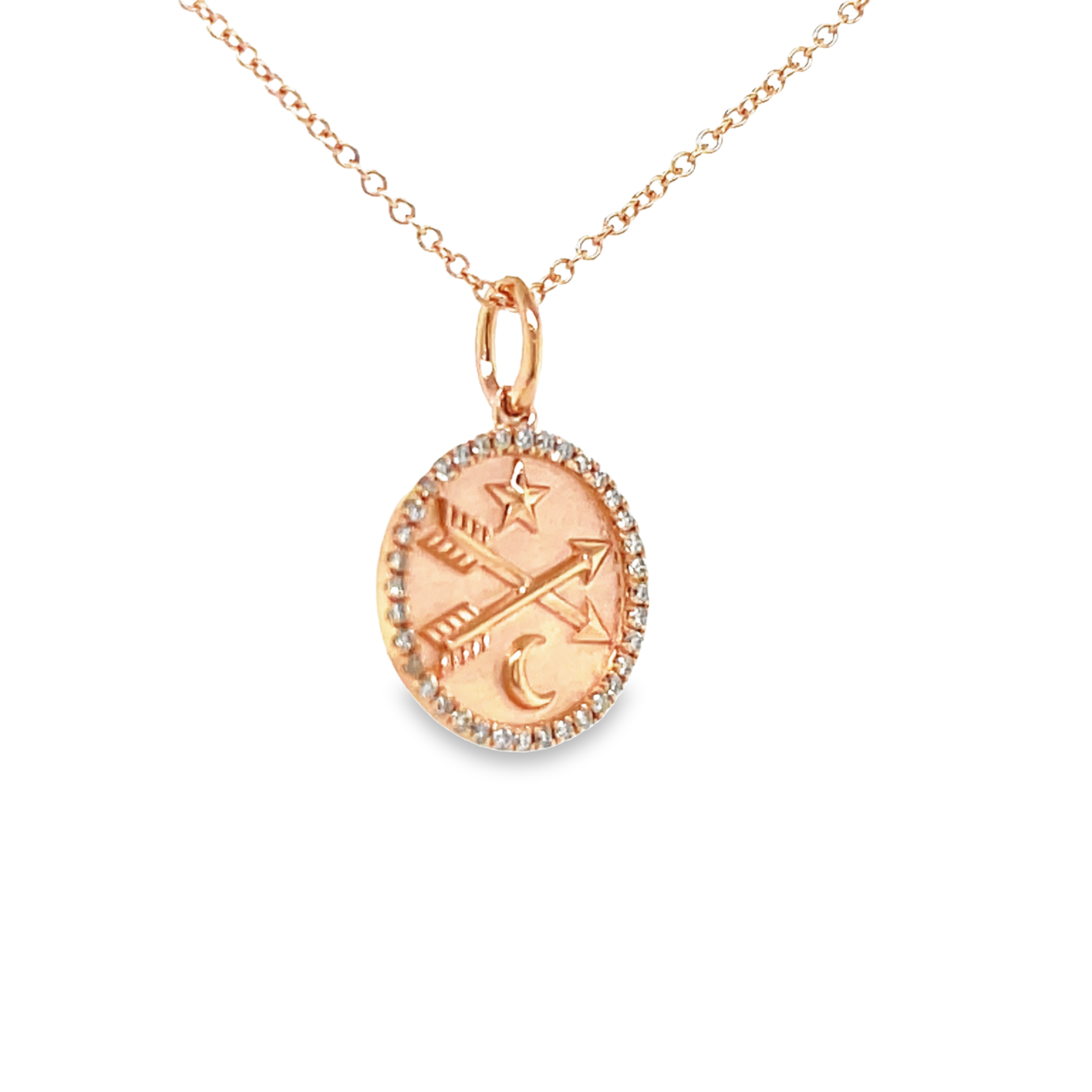A beautiful symbol of friendship and love, this pendant is a must-have! Two arrows represent the meaning of the piece: "Happy that our paths crossed". The 14k rose gold medallion is adorned with 0.12 cts of round diamonds for an extra sparkle. At 18.00 mm in length (including the secure bail), this piece is sure to be treasured for years to come! A 16" 1.1 mm optional gold chain is available for $199.00.
