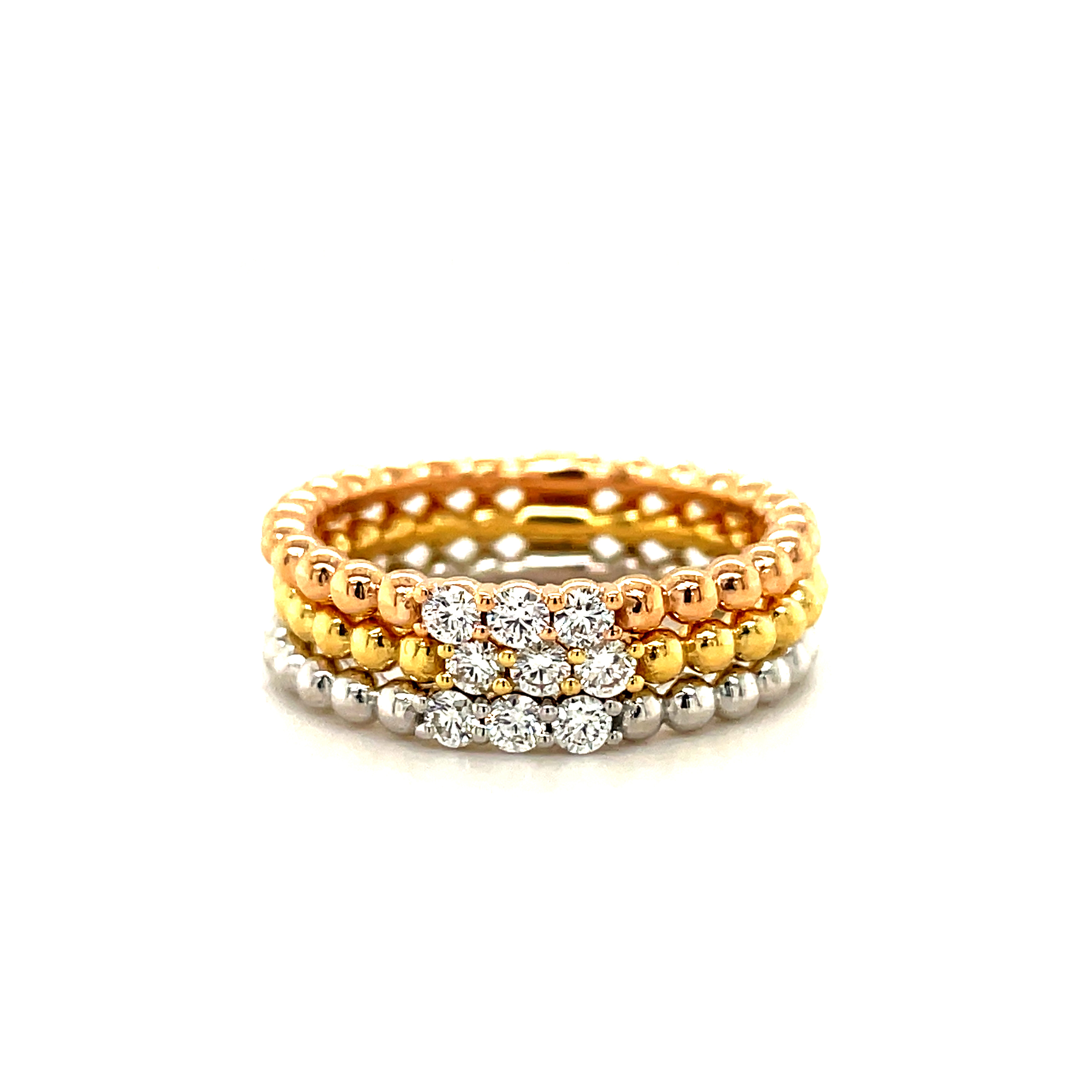 Italian made  Everyday gold rings that are easy to stack.  Set in 18k white gold mounting.  Size 6 (sizeable)  Round diamonds 0.42 cts 