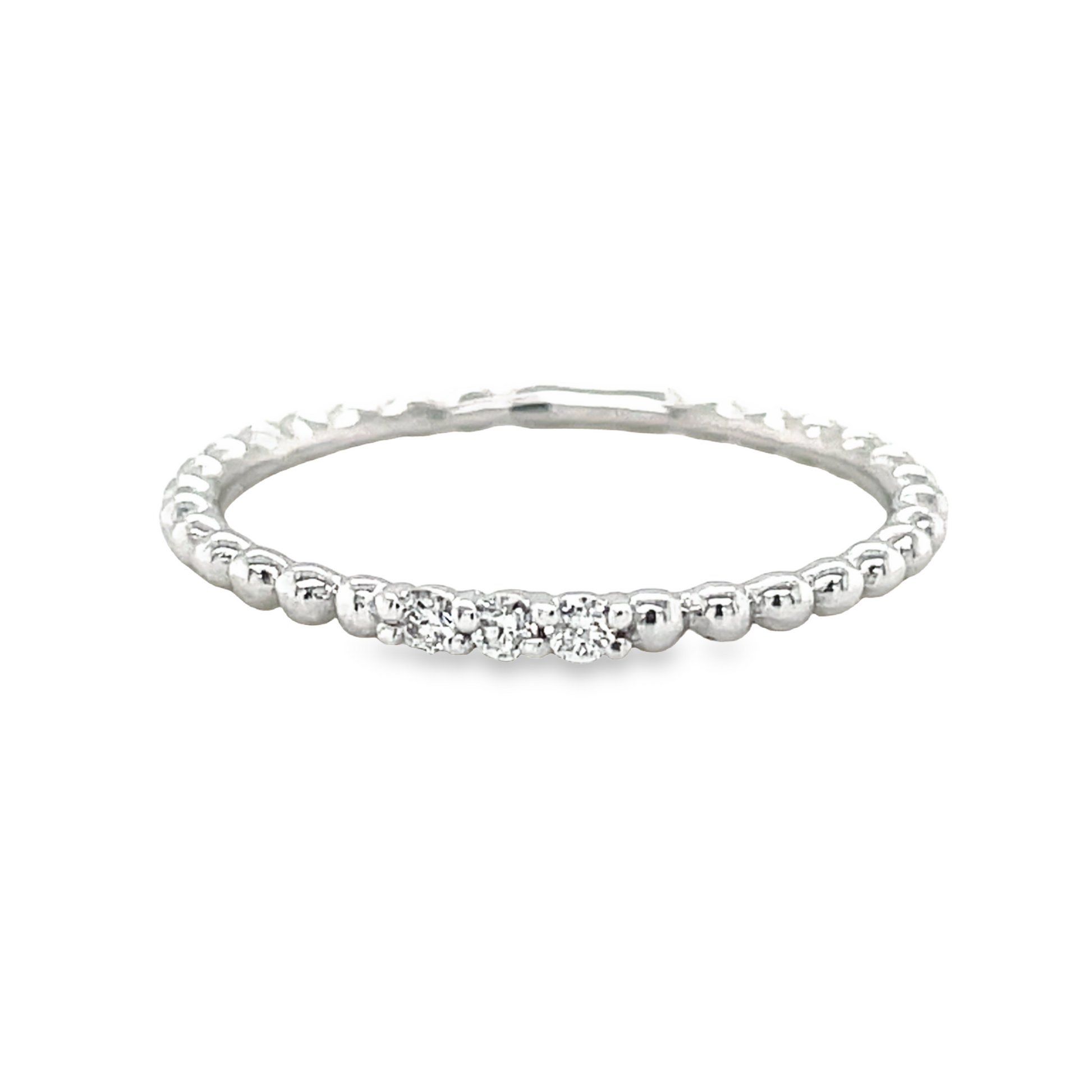 Dainty Stackable Beaded Italian White Gold Diamond Ring Top view