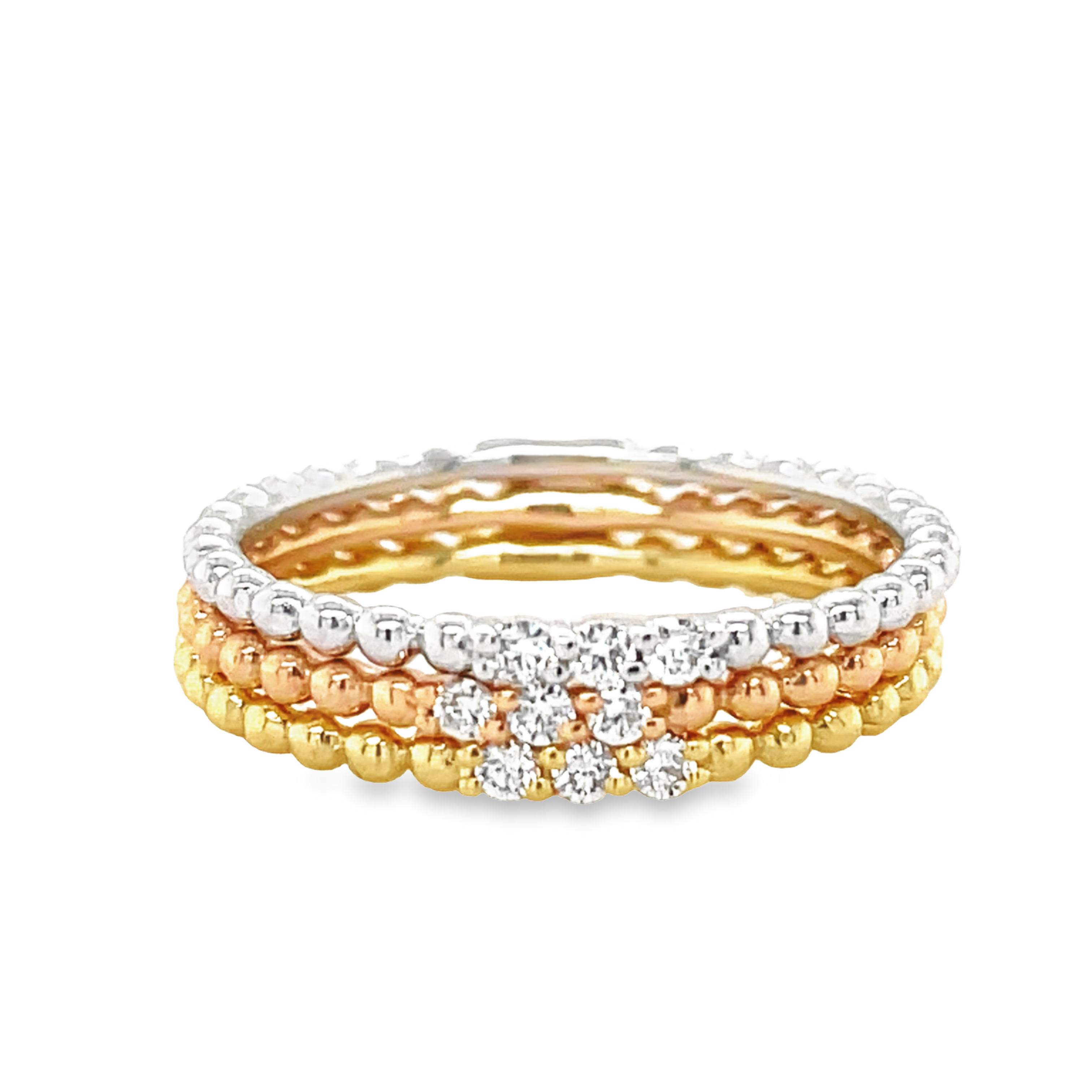 Italian made  Everyday gold rings that are easy to stack.  Set in 18k white gold mounting.  Size 6 (sizeable)  Round diamonds 0.18 cts 