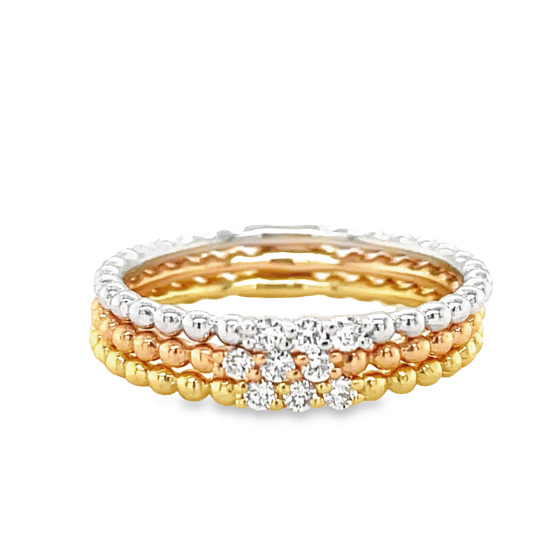 Dainty Stackable Beaded Italian White Gold Diamond Ring Top view