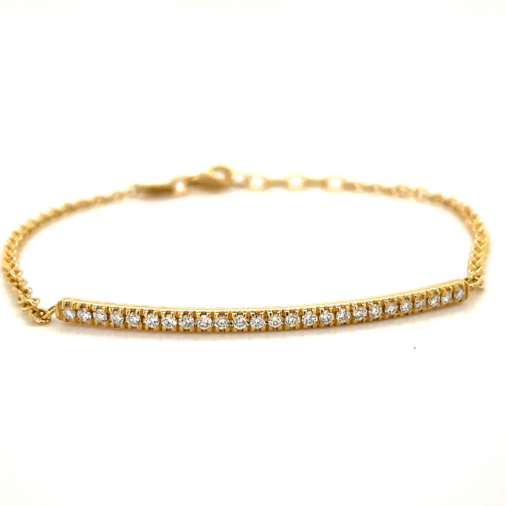 Italian made  Everyday bracelet that are easy to stack.  Set in 18k yellow gold mounting.  7" long with sizing loops  Round diamonds 0.78 cts   F/G color