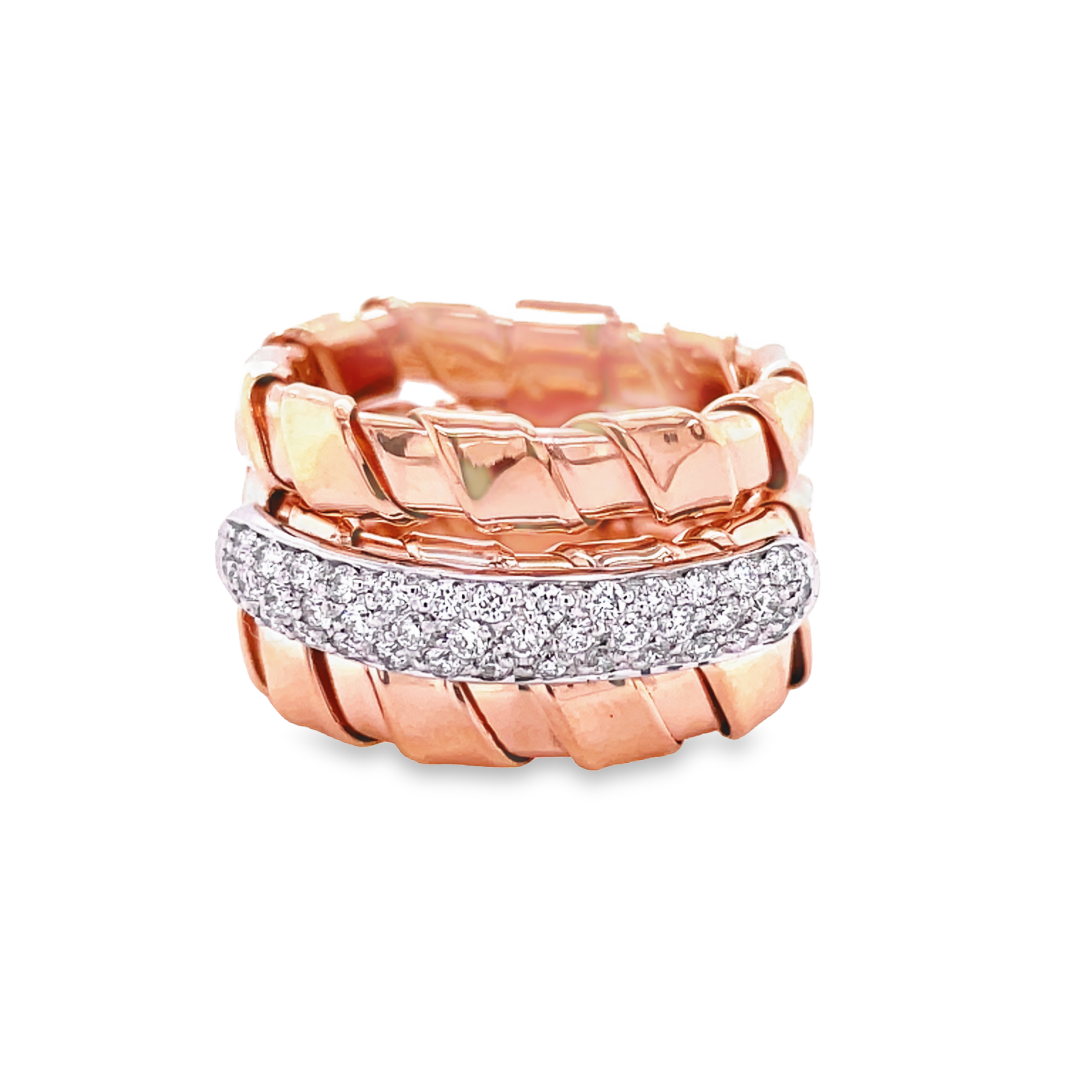 This luxurious ring will have you mesmerized. Crafted with Italian made innovative Tubo gas technique for extra flexibility, it features a classic and contemporary design with 18k rose gold and round diamonds, totaling 0.40 cts for a 13.00 mm width.