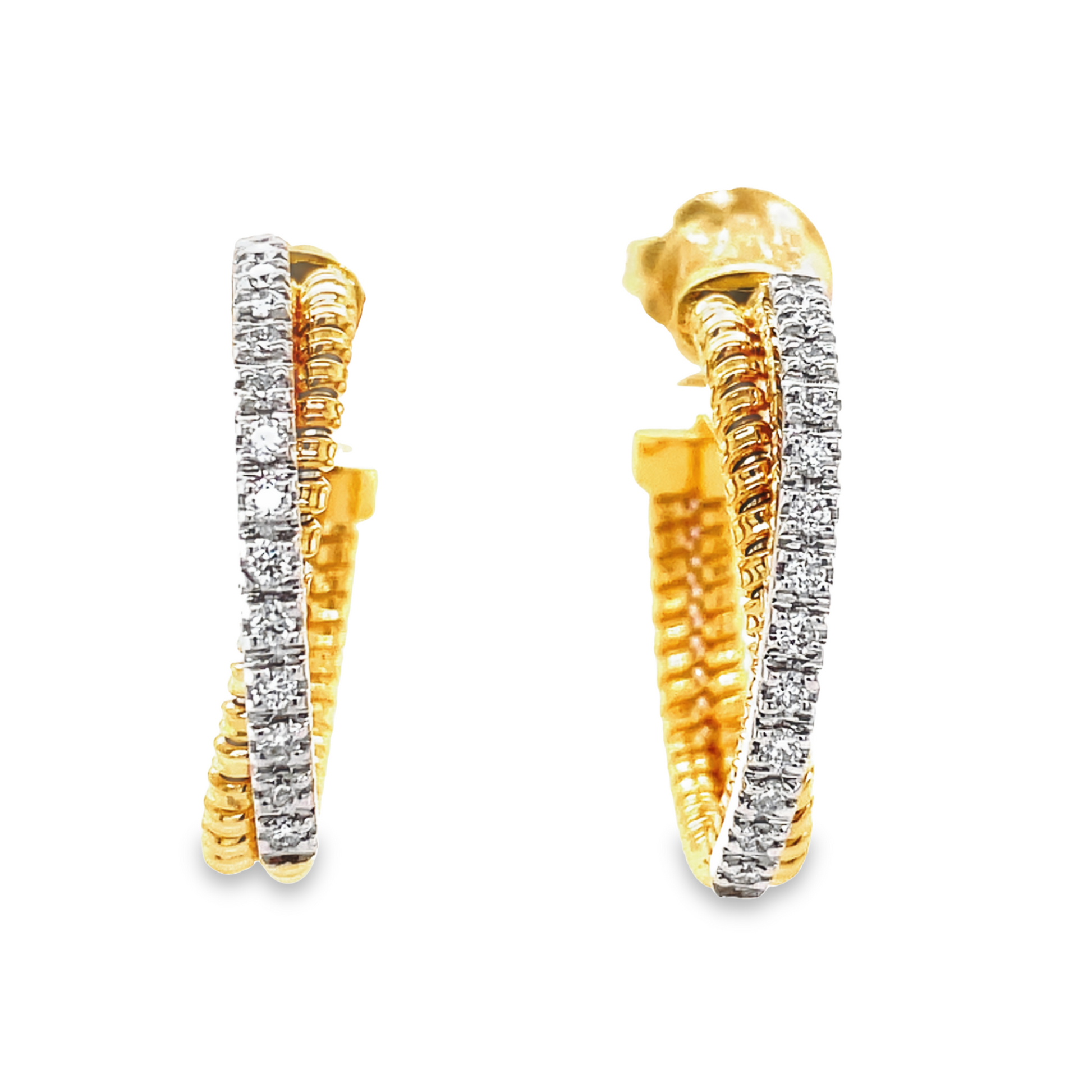 18K Yellow Italian Gold Diamond Criss Cross Semi-Diamond Hoops Front view
