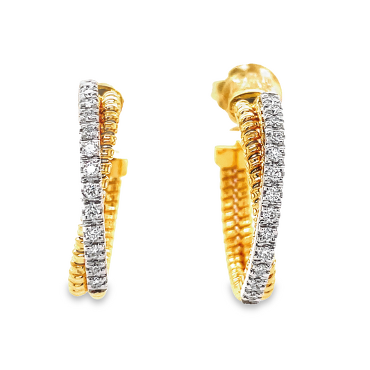 18K Yellow Italian Gold Diamond Criss Cross Semi-Diamond Hoops Front view