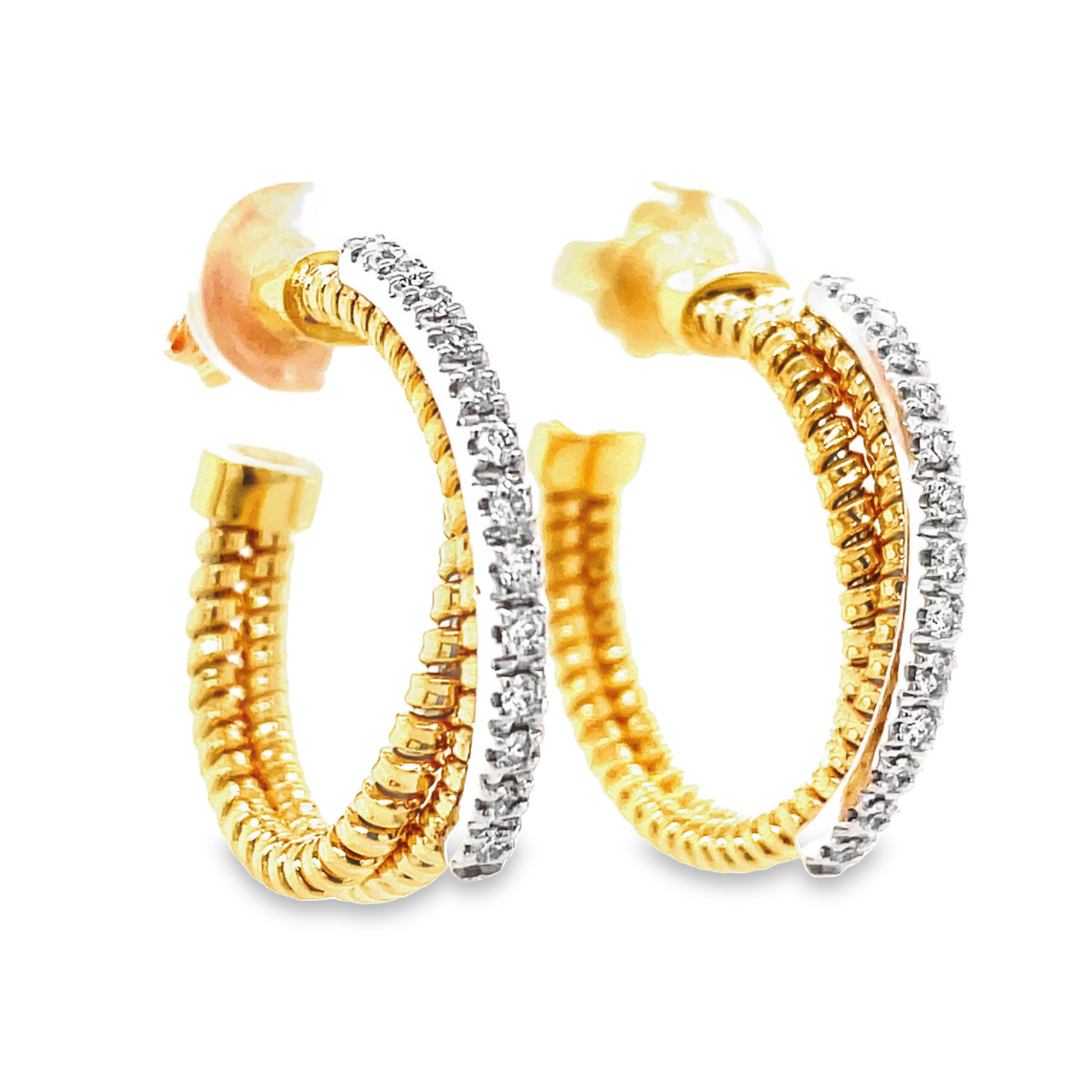 18K Yellow Italian Gold Diamond Criss Cross Semi-Diamond Hoops Side view
