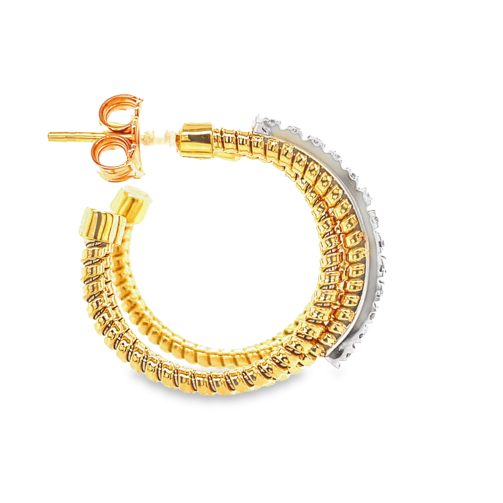 18K Yellow Italian Gold Diamond Criss Cross Semi-Diamond Hoops Profile View