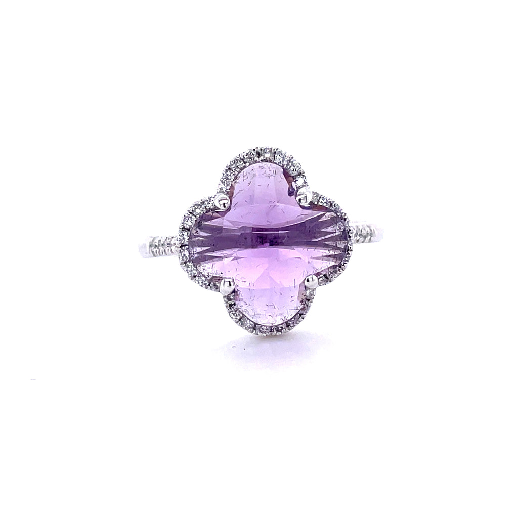 18k white gold  Surrounded by white round diamonds 0.18 cts   Flower shape amethyst 2.88 cts  6.5 size (sizeable)  15.00 mm width 
