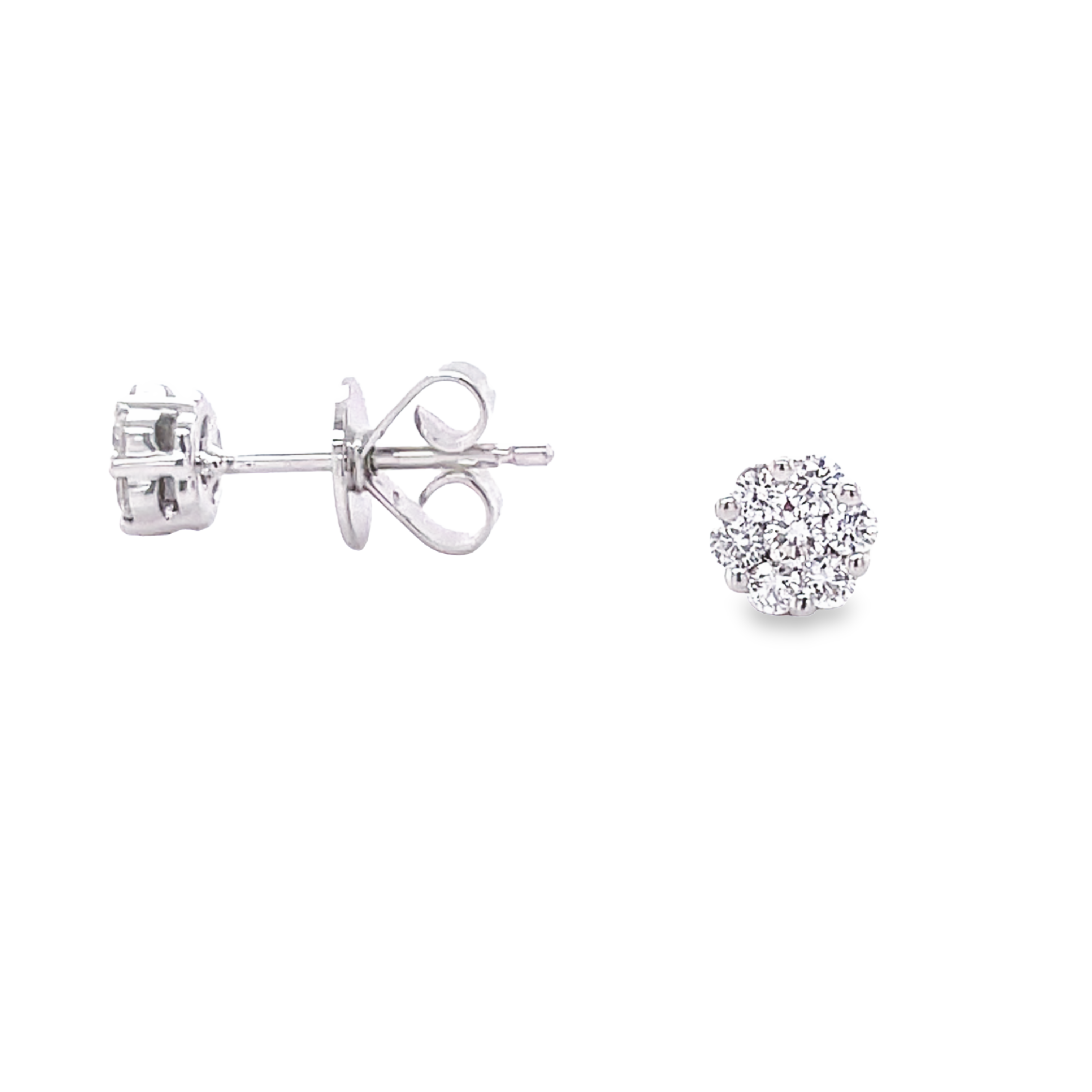 Dainty diamond earrings.   Flower motif   18k white gold  Secure heart shaped friction backs  Round diamonds 0.30 cts  6.00 mm.