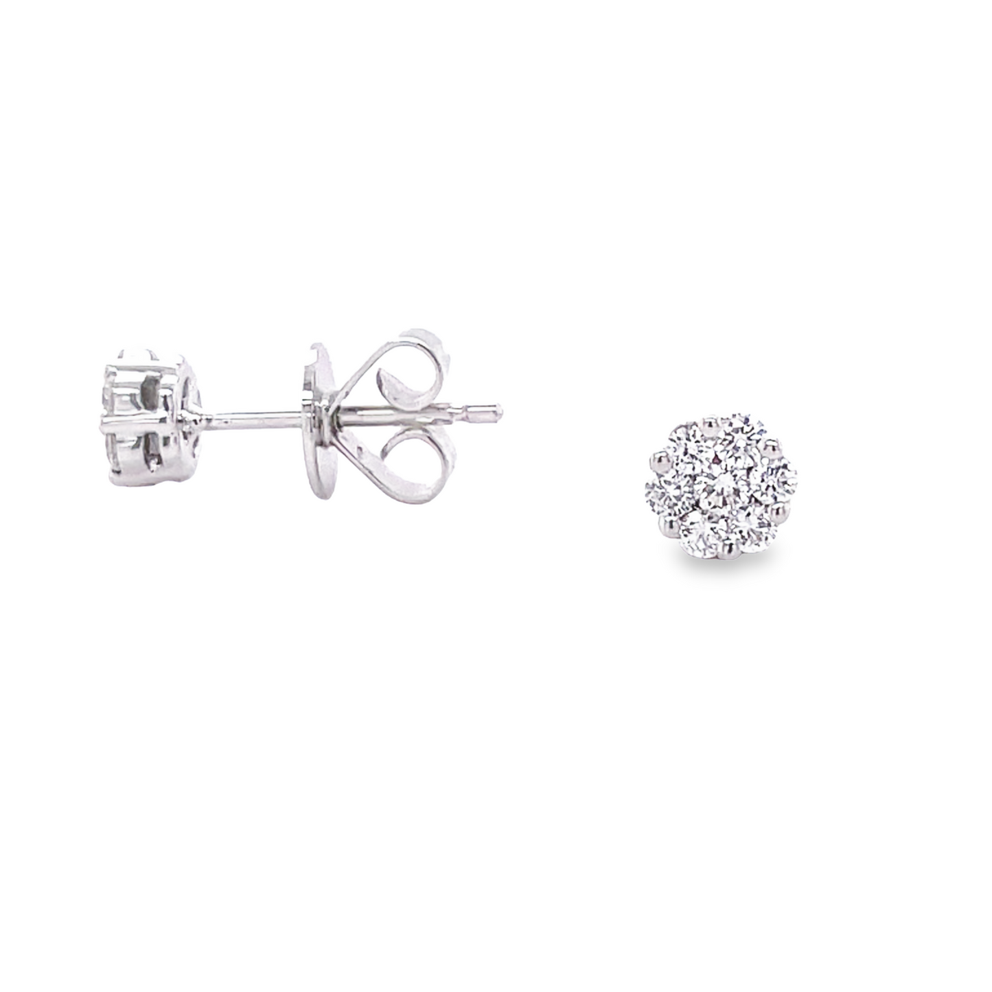 Small Flower Motif Diamond Stud Earrings 0.76 cts Front and Side View