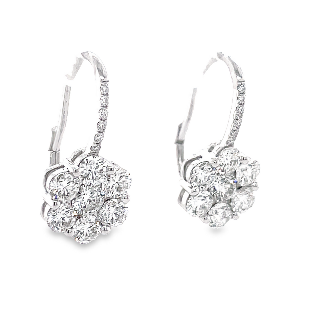 Diamond drop earrings.   Flower motif   18k white gold  Secure hinged system  Round diamonds 2.30 cts  20.00 mm