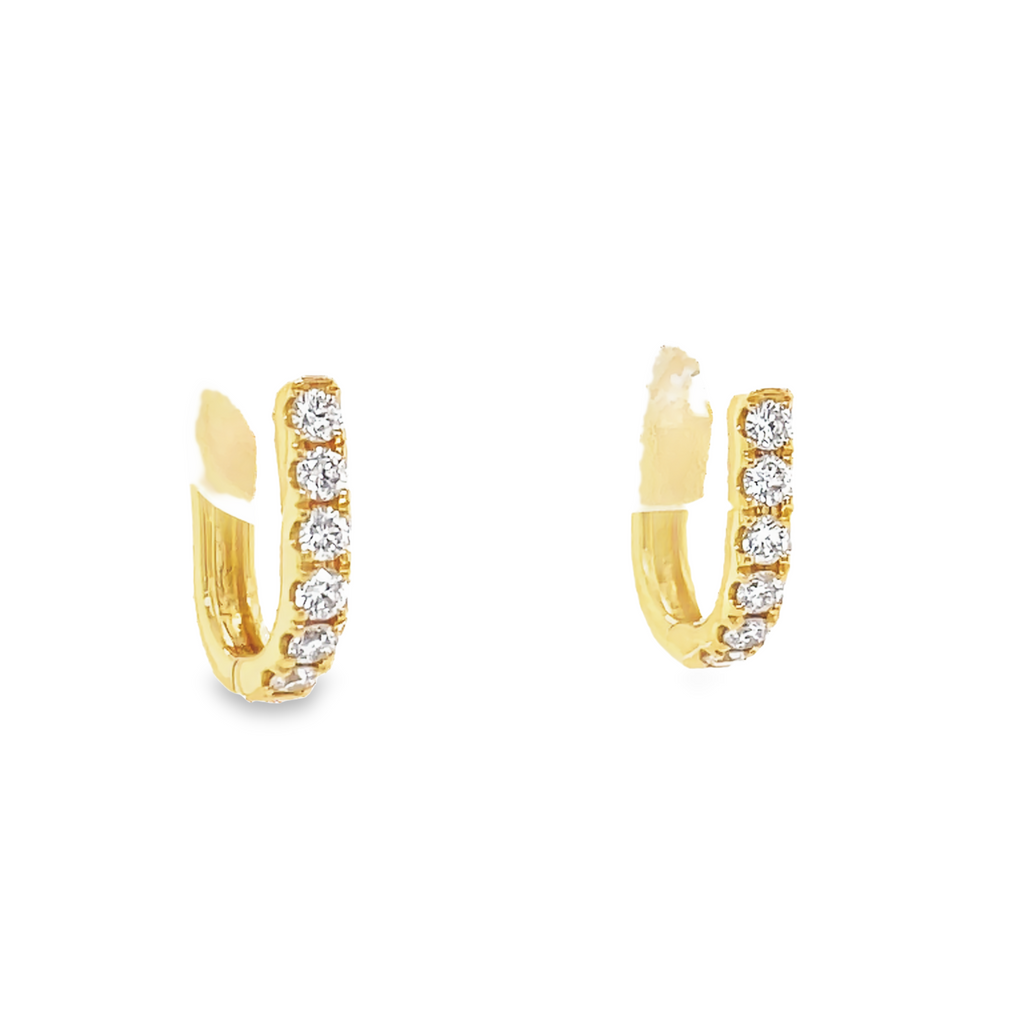 Lustrous 18K yellow gold and round diamonds dazzling with 0.34 cts set the stage for the timeless beauty of these 12.00 mm long huggie earrings. A secure hinged system makes them effortless to wear. 