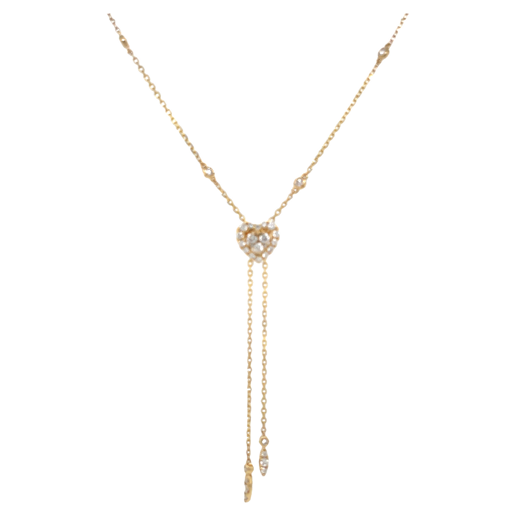 This delicately crafted necklace is sure to make a statement. Featuring round white diamonds, four round bezel diamonds, four inches of loose dainty chain and a heart pendant at the end (total of 0.49 carats). With an adjustable 18" length and a secure lobster catch, it's perfect for any occasion.