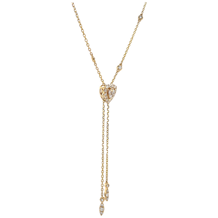 This delicately crafted necklace is sure to make a statement. Featuring round white diamonds, four round bezel diamonds, four inches of loose dainty chain and a heart pendant at the end (total of 0.49 carats). With an adjustable 18" length and a secure lobster catch, it's perfect for any occasion.