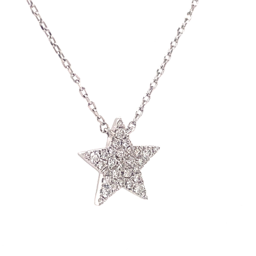 Crafted from 14K white gold, this dazzling star pendant is encircled with round diamonds totaling 0.21 cts. in F/G color, with a 10.00mm circumference (including bail). Comes with a 16" white gold chain, perfect for a dazzling everyday look!