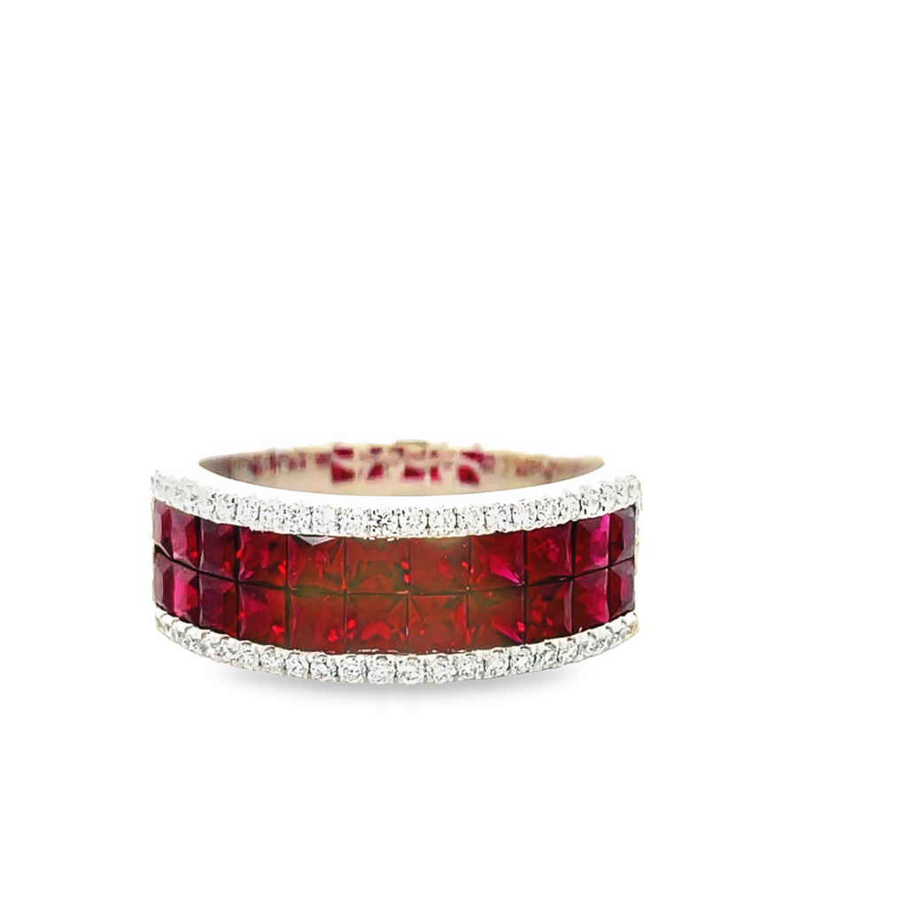 14k white gold ring  Princess cut rubies 2.00 cts  Round diamonds 0.22cts.  Thich shank  7.50 mm width. Size 6 (sizeable)