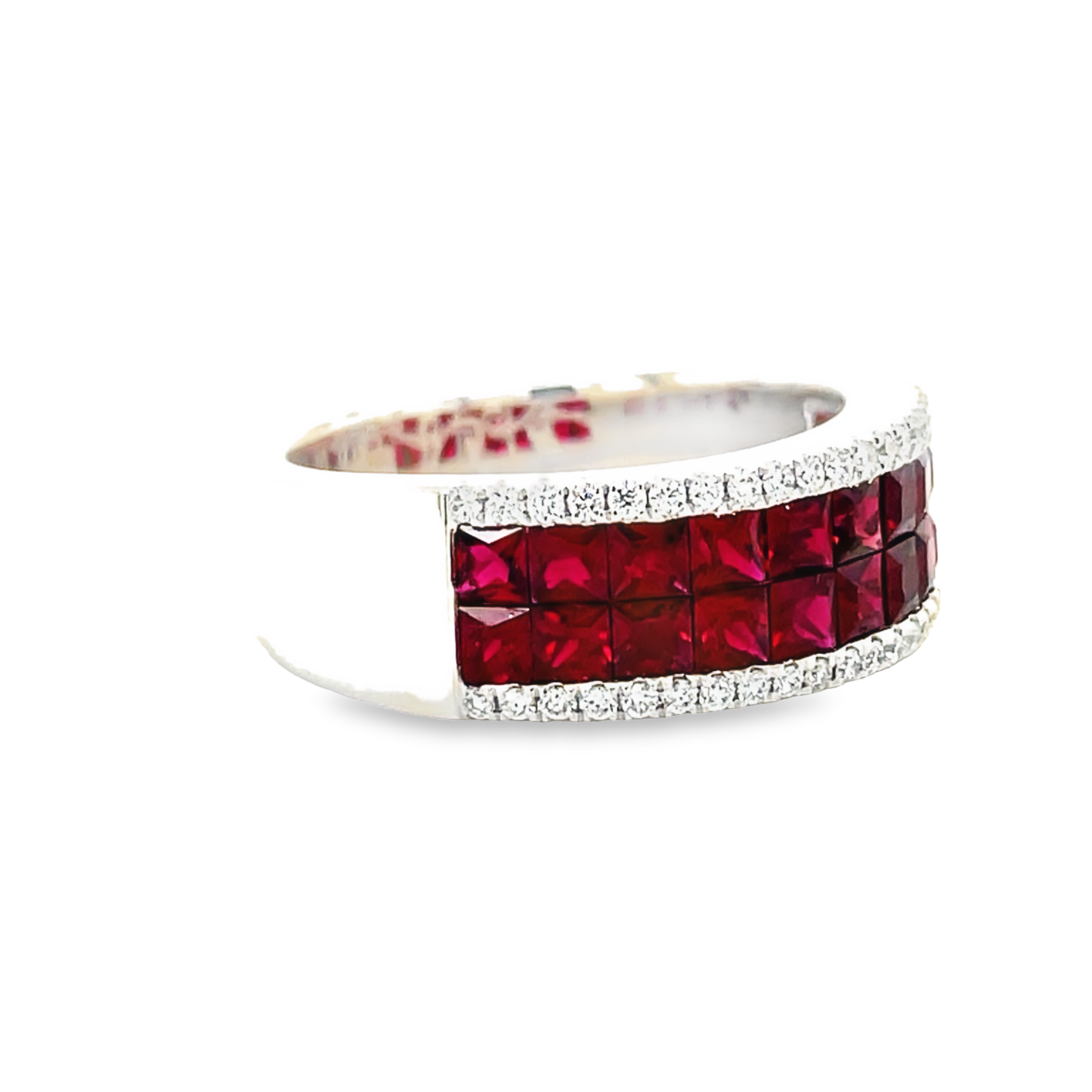 14k white gold ring  Princess cut rubies 2.00 cts  Round diamonds 0.22cts.  Thich shank  7.50 mm width. Size 6 (sizeable)
