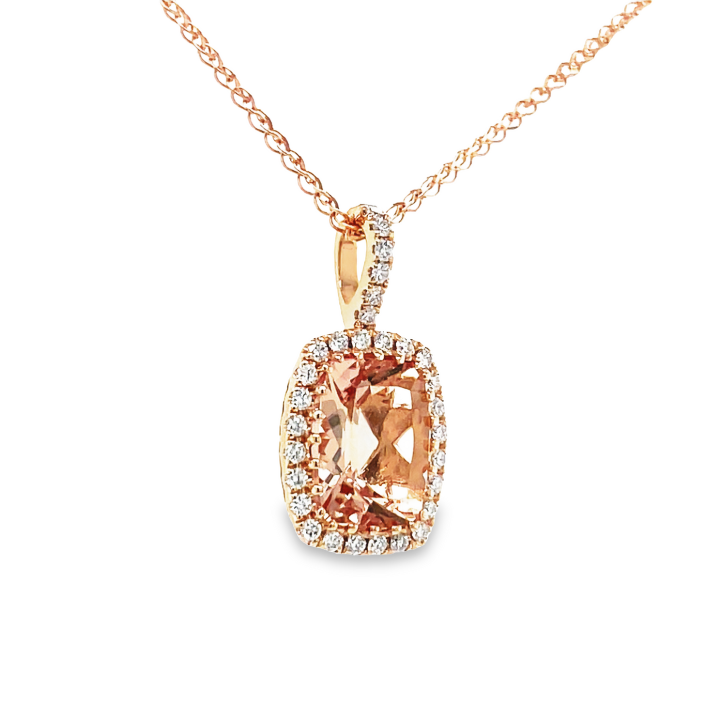 Side view of 14k Morganite Diamond Bezel Pendant Necklace