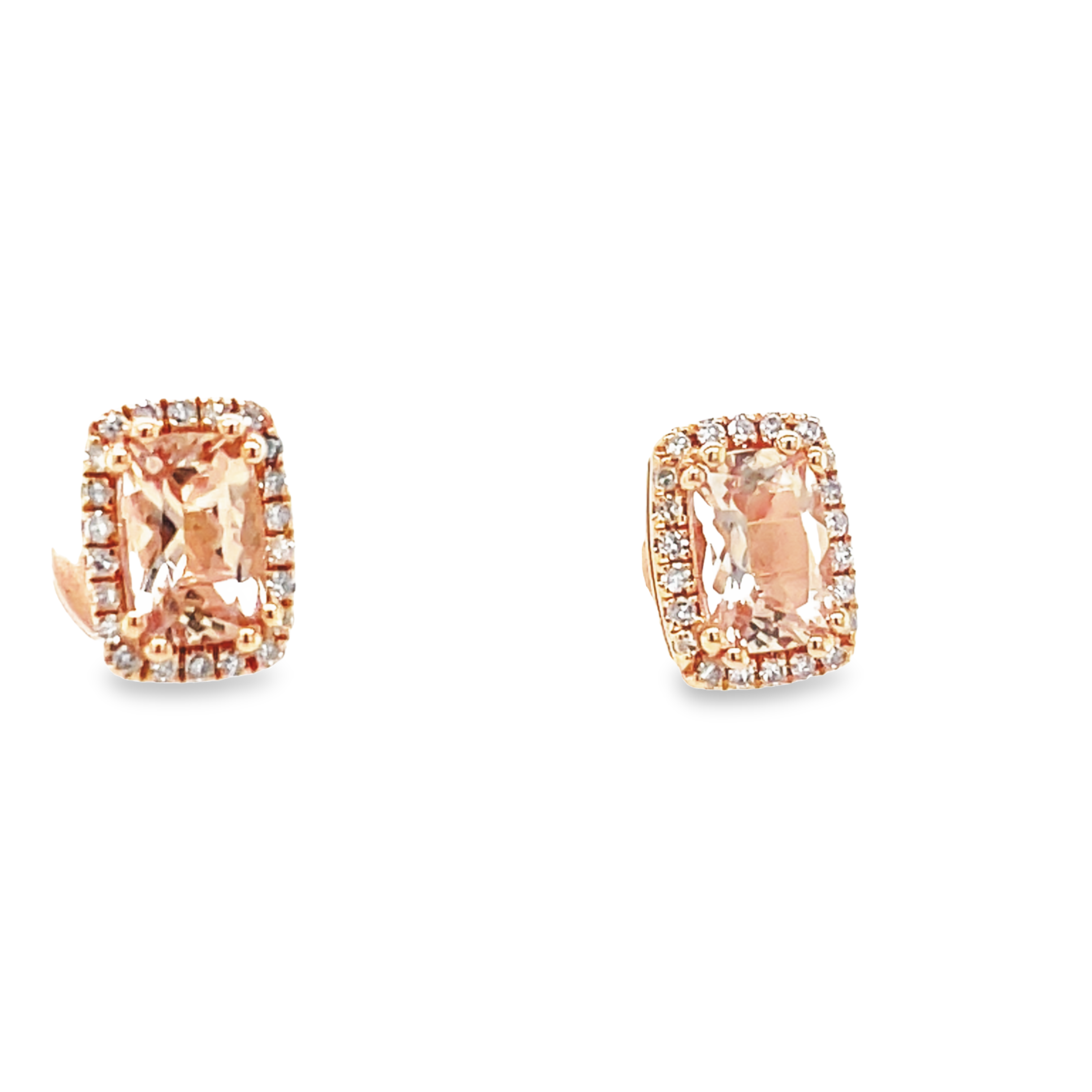 Round morganite 1.05 cts  Round diamonds 0.15 cts  14k rose gold  Secure friction backs  8.50 x 6.50 mm.