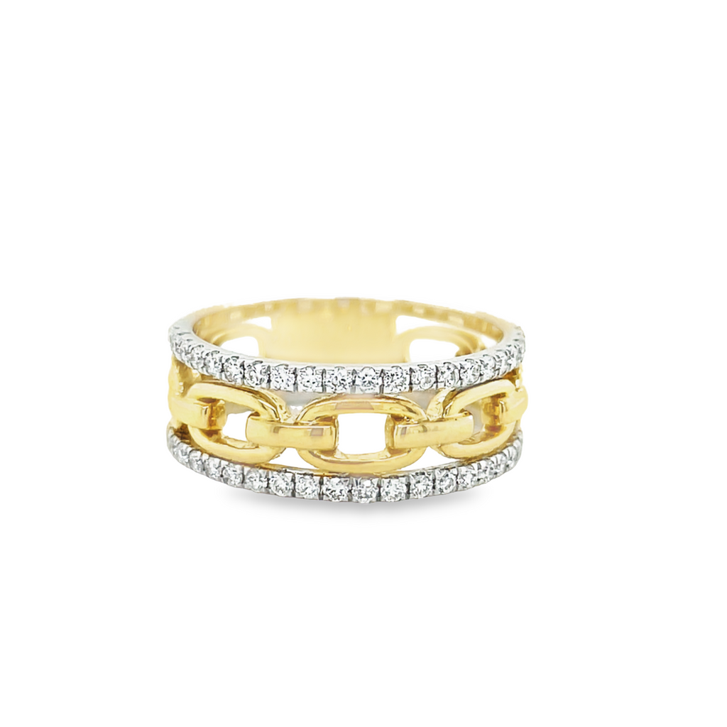 Diamonds 0.38 cts  Set in 14k yellow gold mounting  Three rings in one.  Chain link eternity style.  Size 6  Two row of diamond eternity band and one chain link band