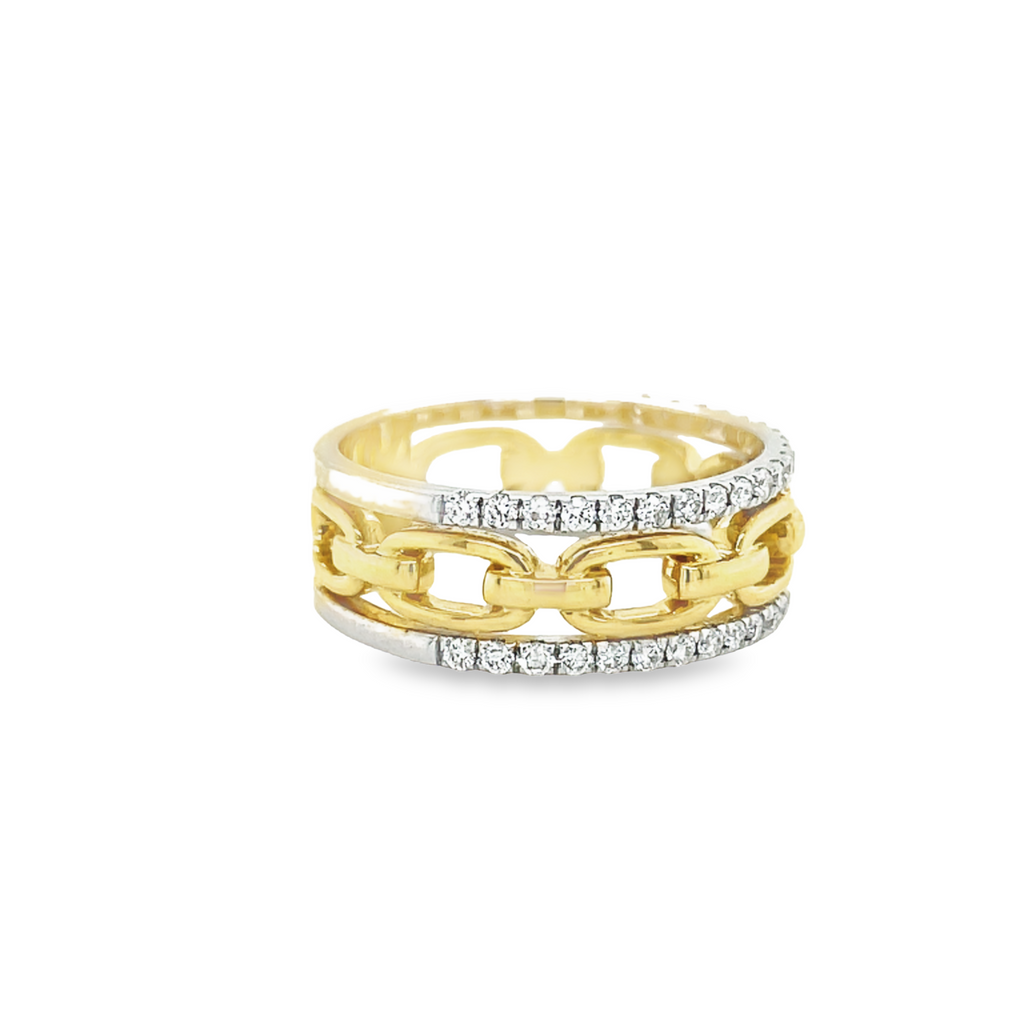 Diamonds 0.38 cts  Set in 14k yellow gold mounting  Three rings in one.  Chain link eternity style.  Size 6  Two row of diamond eternity band and one chain link band