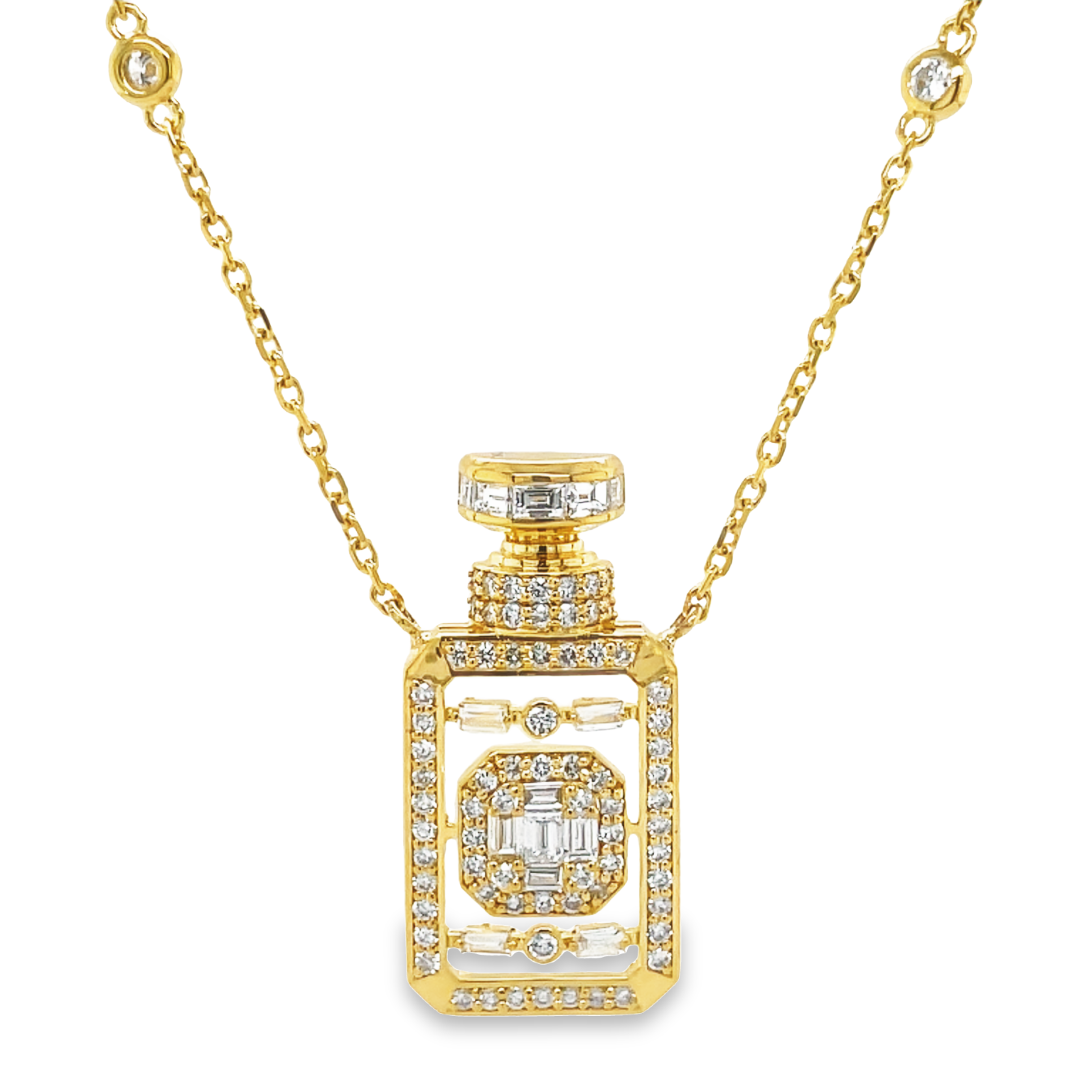 Unique diamond charm with baguettes & round diamonds   1.07 cts F/G color  1" long  18k yellow gold.  sturdy chain  8 round diamonds  Secure lobster catch.  18" long with sizing loop at 16"