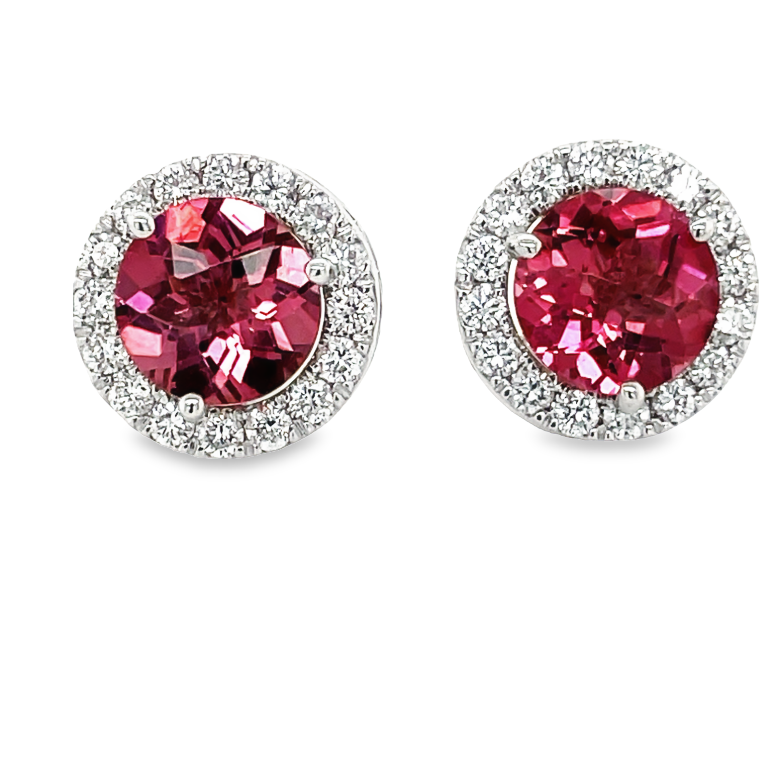 Two round rhodolite stud earrings   Set in 14k white gold   Secure friction backs  8.50 mm.  Great color  Diamond jackets are additional (150-800) 0.90 cts $2399.00.