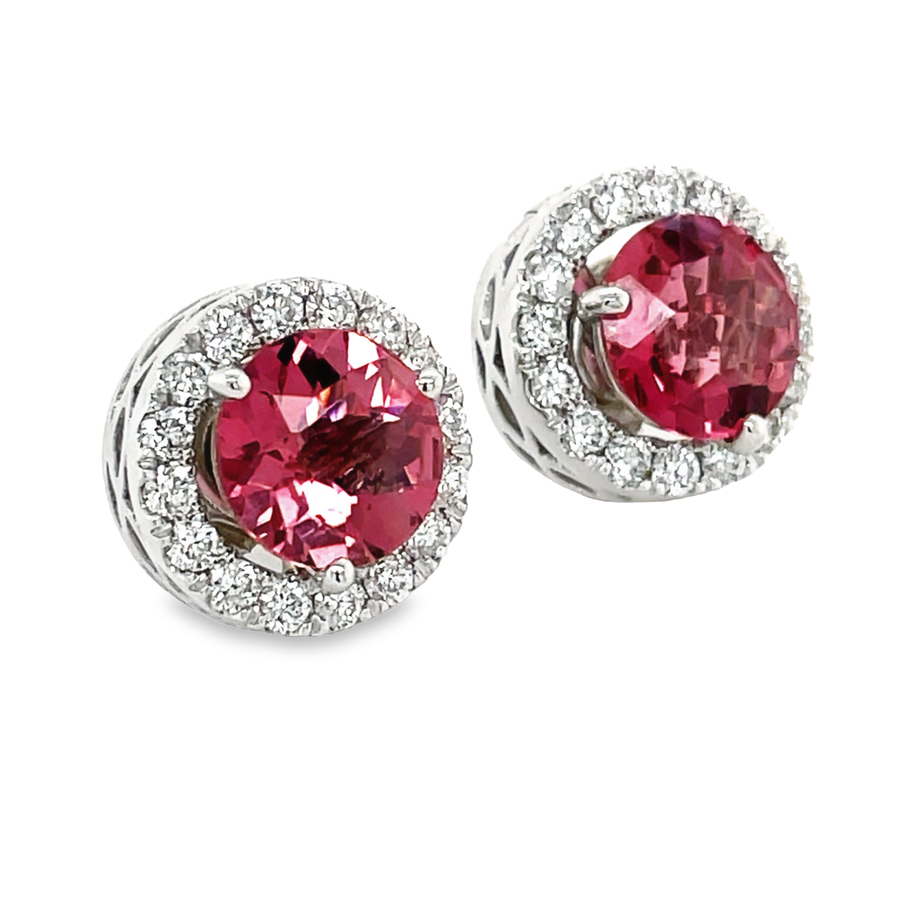Two round rhodolite stud earrings   Set in 14k white gold   Secure friction backs  8.50 mm.  Great color  Diamond jackets are additional (150-800) 0.90 cts $2399.00.
