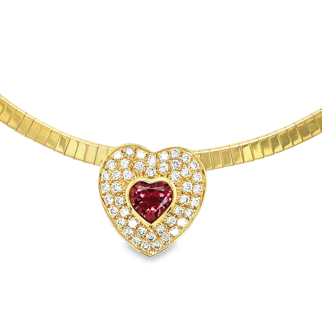 Solid 14k yellow gold  High quality diamonds  1.40 cts white round diamonds  Heart shape pink tourmaline  9.00 x 10.00 mm   Omega necklace 4.00 mm thickness  16" long  Secure lobster catch 