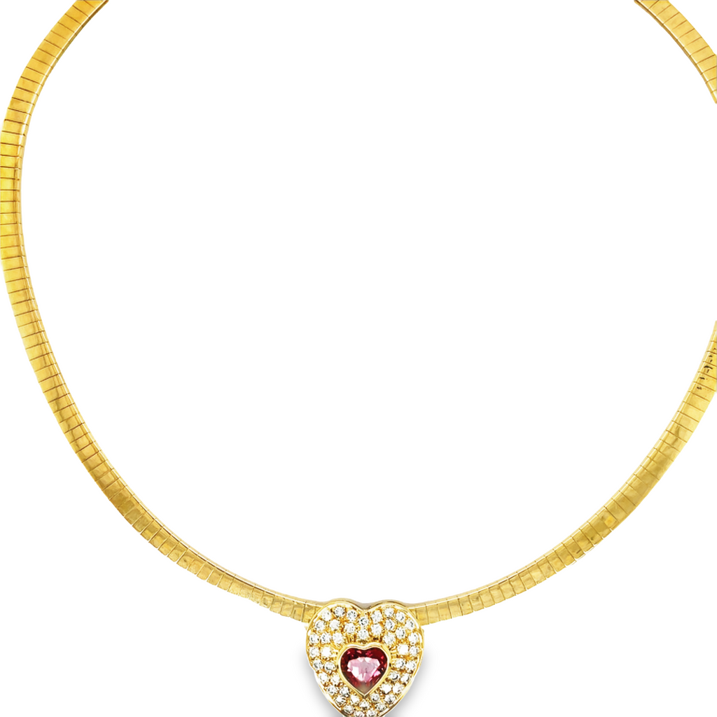 Solid 14k yellow gold  High quality diamonds  1.40 cts white round diamonds  Heart shape pink tourmaline  9.00 x 10.00 mm   Omega necklace 4.00 mm thickness  16" long  Secure lobster catch 