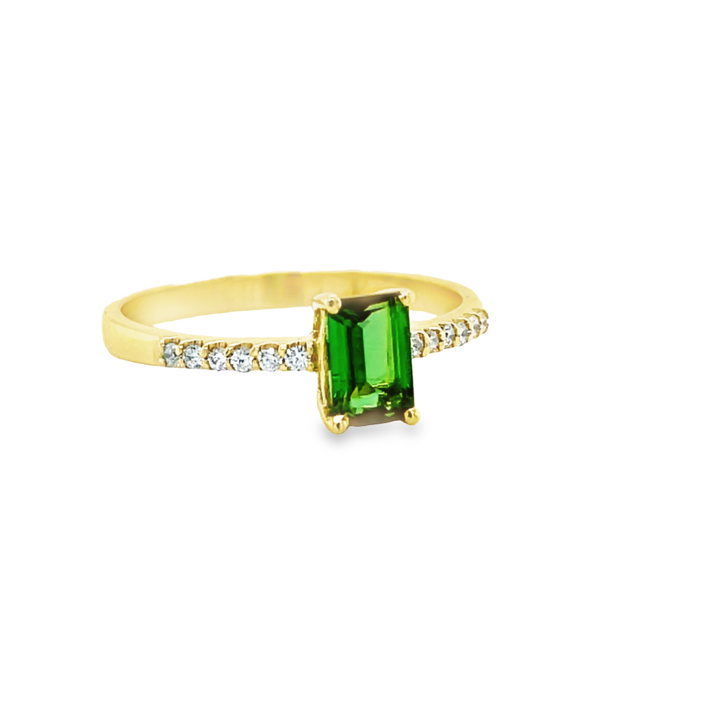 Dainty Emerald Cut Green Tourmaline & Diamond Ring