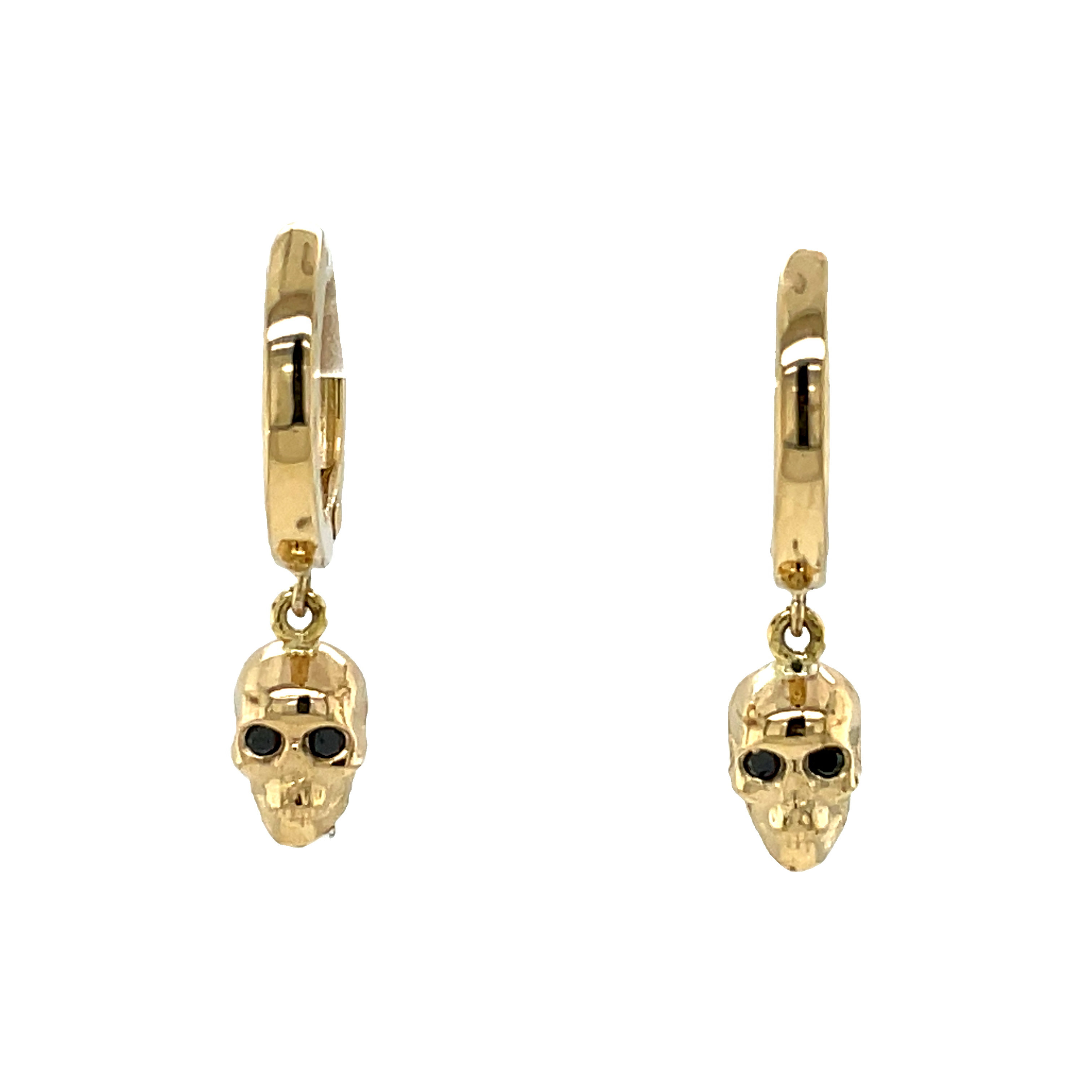 Cool skull earrings  14k yellow gold  Huggie earrings system  Round black diamonds 0.02 cts   12.00 mm wide