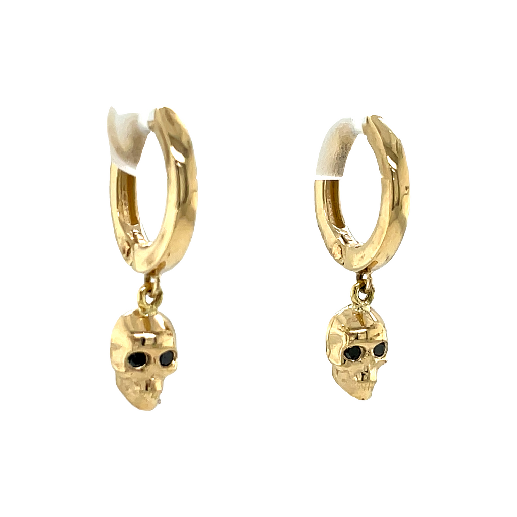 Cool skull earrings  14k yellow gold  Huggie earrings system  Round black diamonds 0.02 cts   12.00 mm wide