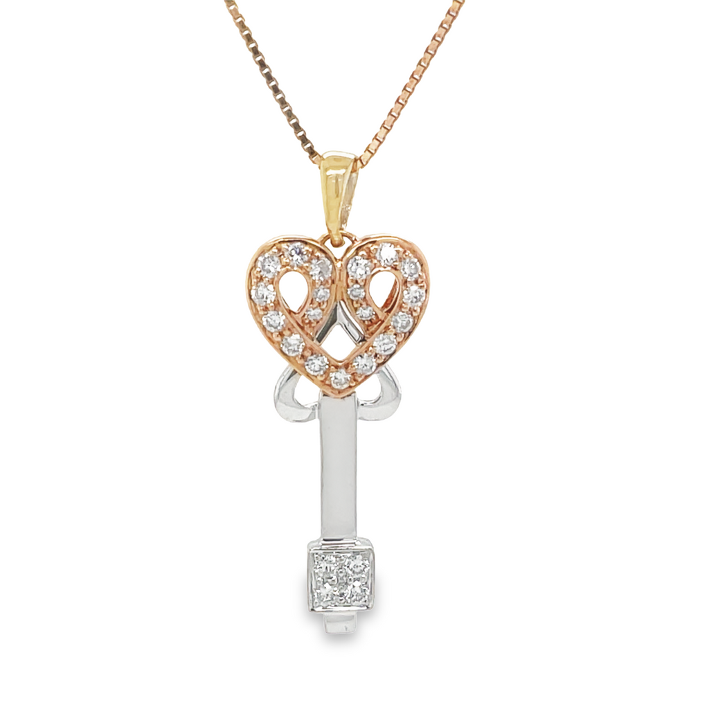 This pendant radiates sophistication and luxury with its impeccable craftsmanship. The 18k Rose & White gold provide a timeless elegance, and the 0.50 cts of diamonds glimmer with breathtaking brilliance. For an unforgettable look add an 18" box chain (optional for $260.00).