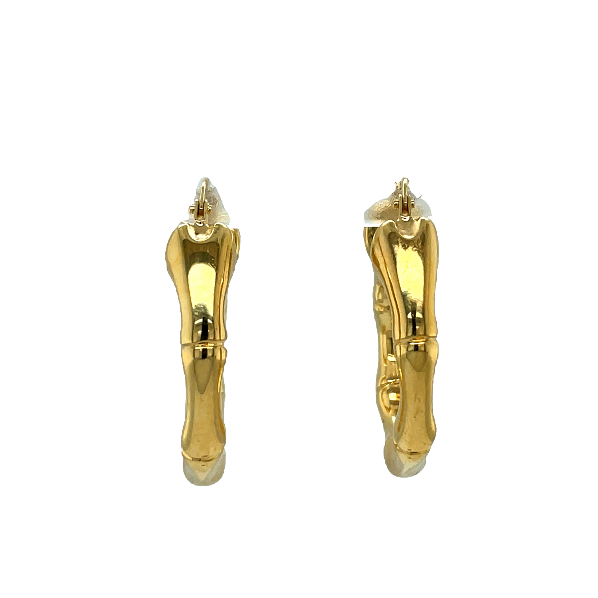 14k Italian Yellow Gold Bamboo Style Hoop Earrings Front view 